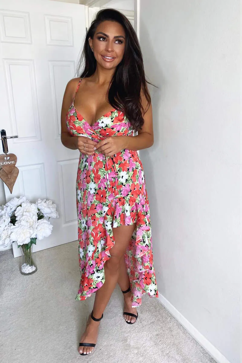 Floral Printed Strappy Wrap Midi Dress