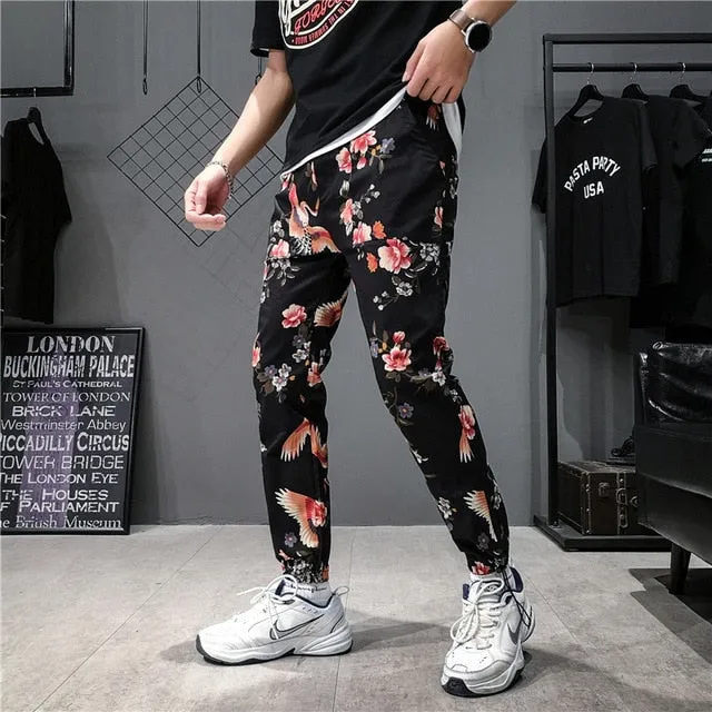 Flower Print Streetwear Harajuku Sweatpants Chinese Style Men Jogger Pants