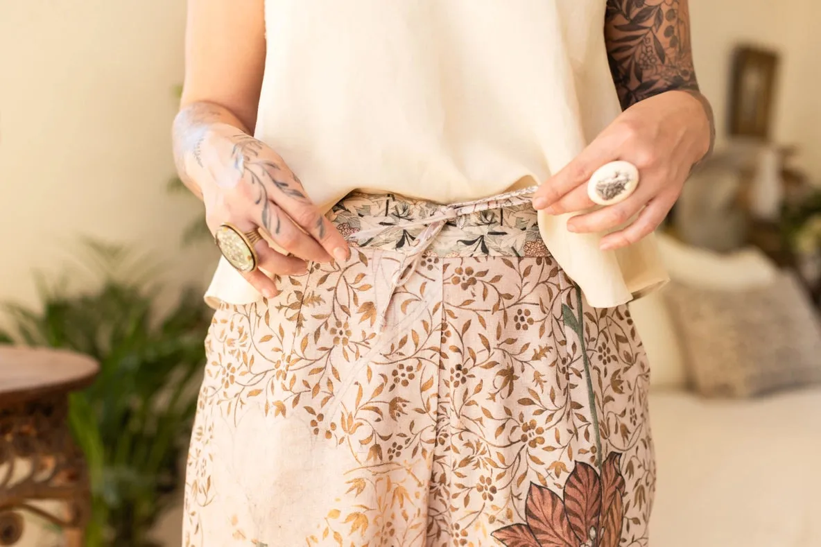 Folklore Boho Linen Floral & Bird Cropped Artist Pants