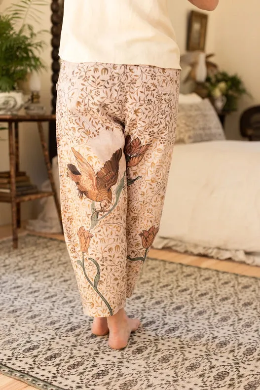 Folklore Boho Linen Floral & Bird Cropped Artist Pants