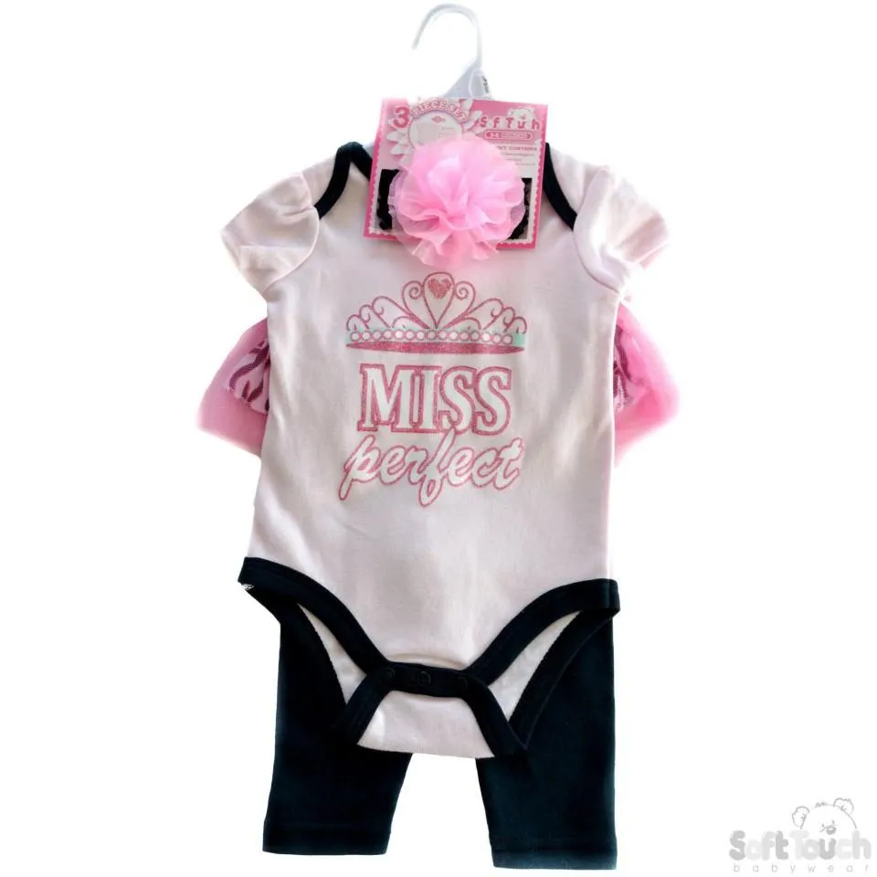 GIRLS "MISS PERFECT" 3 PIECE SET - HEADBAND, BODYSUIT & PANTS: BG74