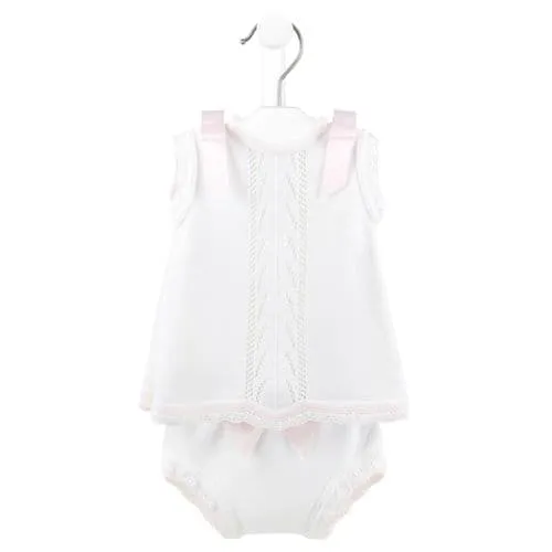 Girls White & Pink Satin Bow Knitted Dress & Pants