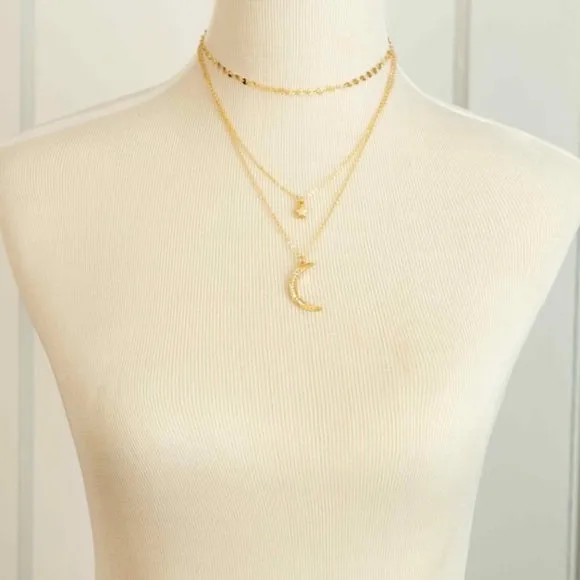 Gold Crescent Moon Star Trio Layer Necklace