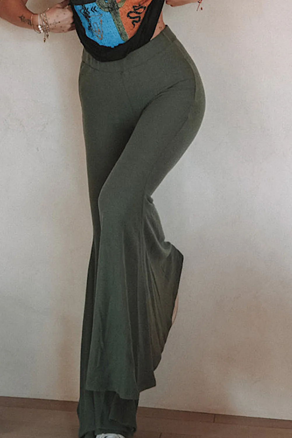 Green Solid High Waist Fit and Flare Pants