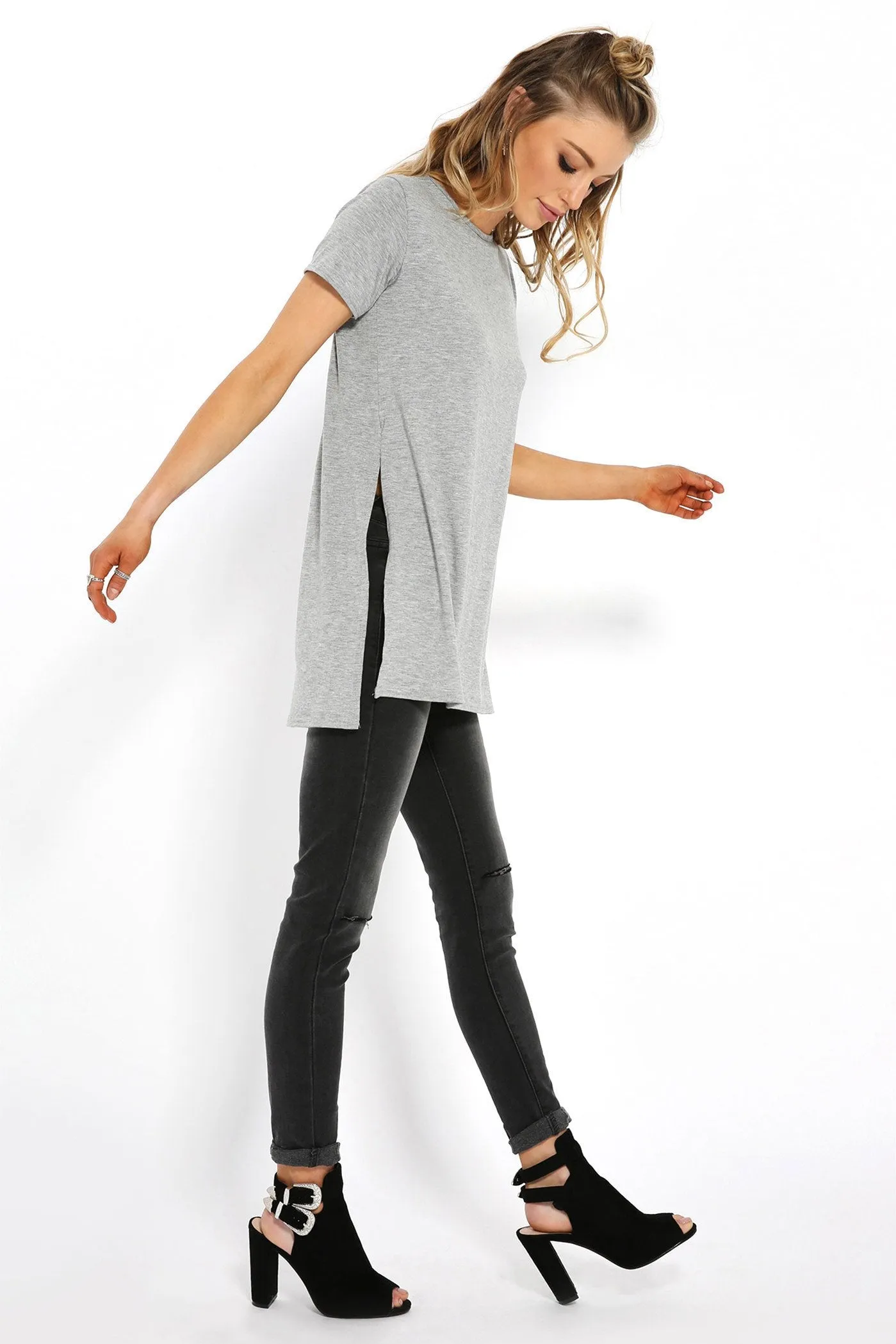 Grey Marl Side Split T-Shirt