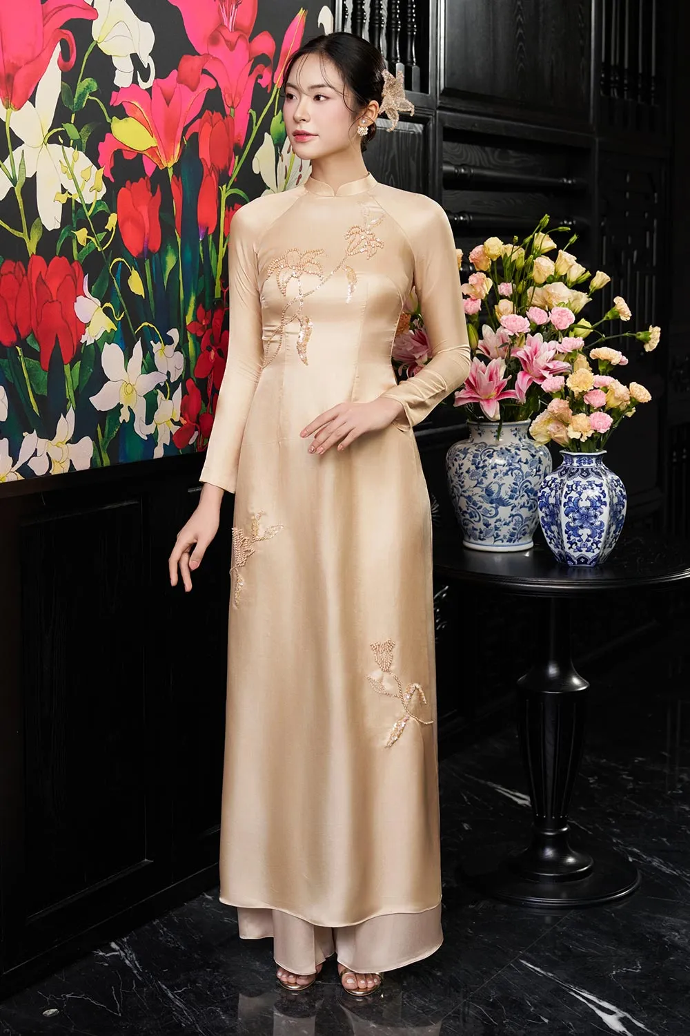 Hayley Straight Wide Leg Silk Floor Length Pants