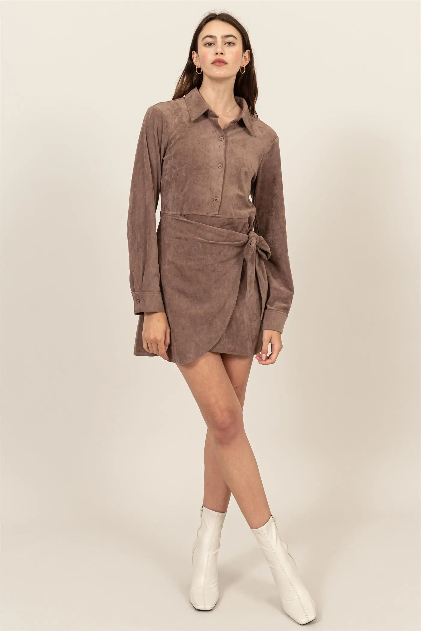 HF24F872-SUEDE WRAP TIE FRONT DRESS