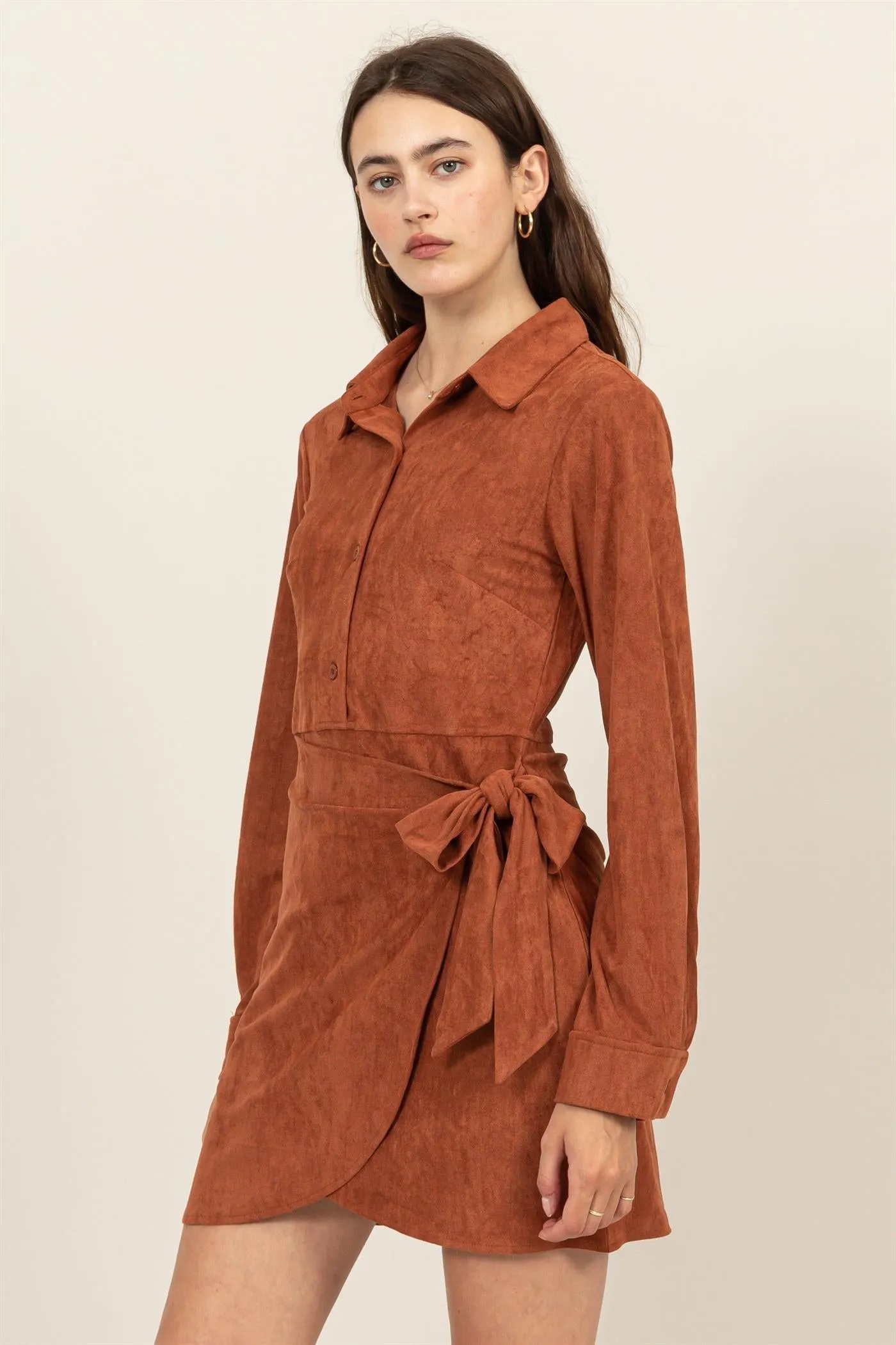 HF24F872-SUEDE WRAP TIE FRONT DRESS