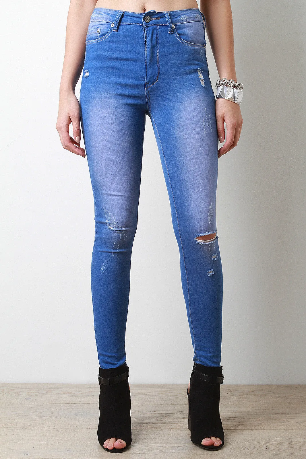 High Waist Distressed Skinny Denim Pants