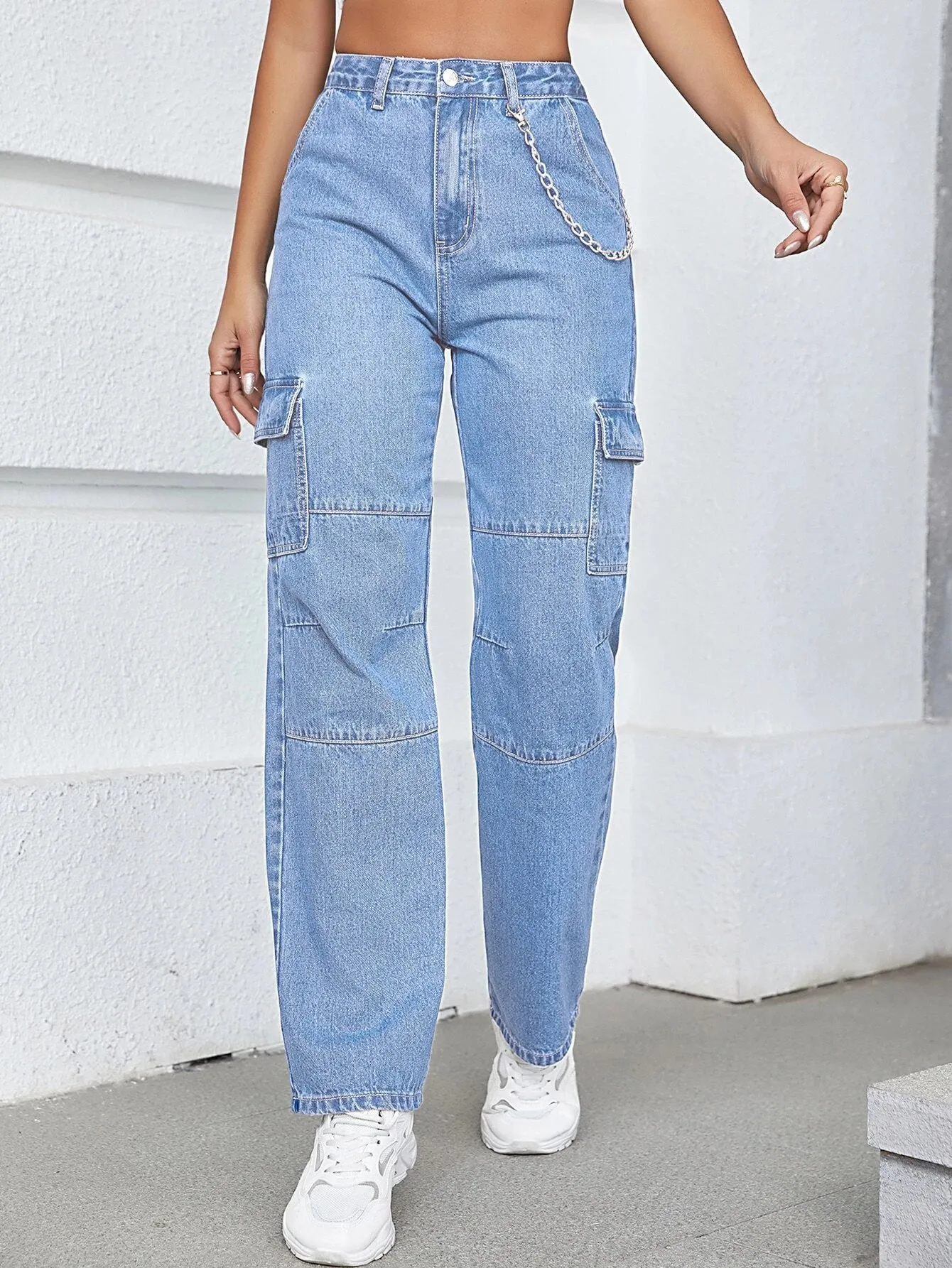 High-Waisted Denim Cargo Pant