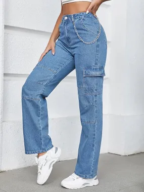 High-Waisted Denim Cargo Pant