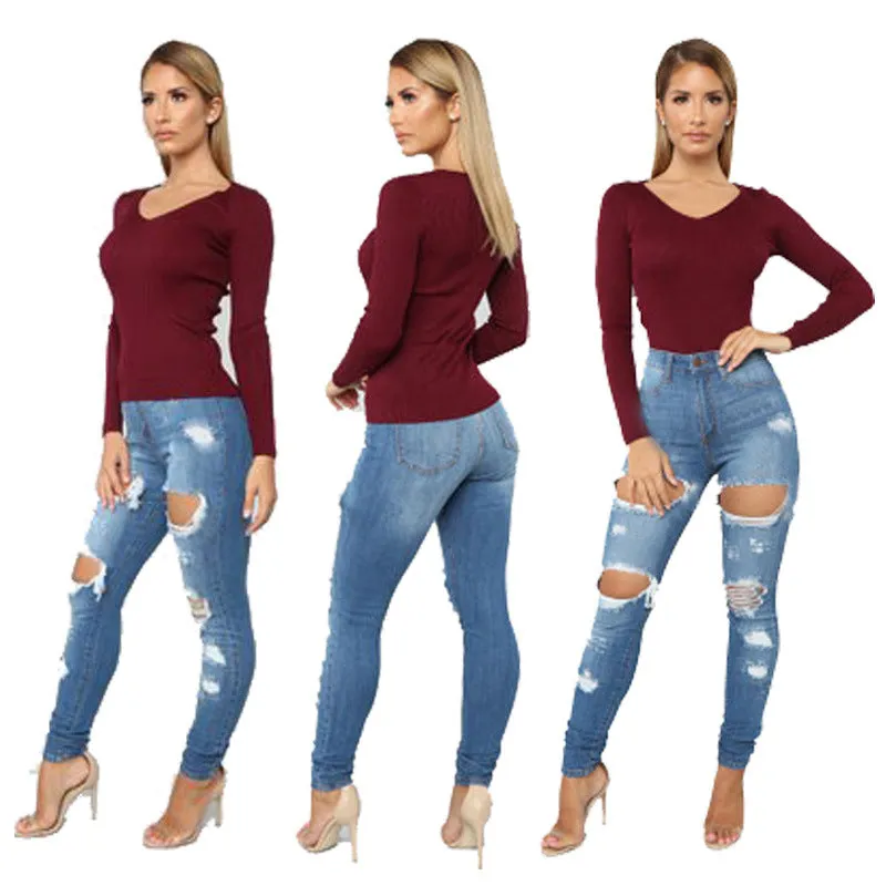 Hole High Waist Slim Jeans Wholesale Womens Clothing