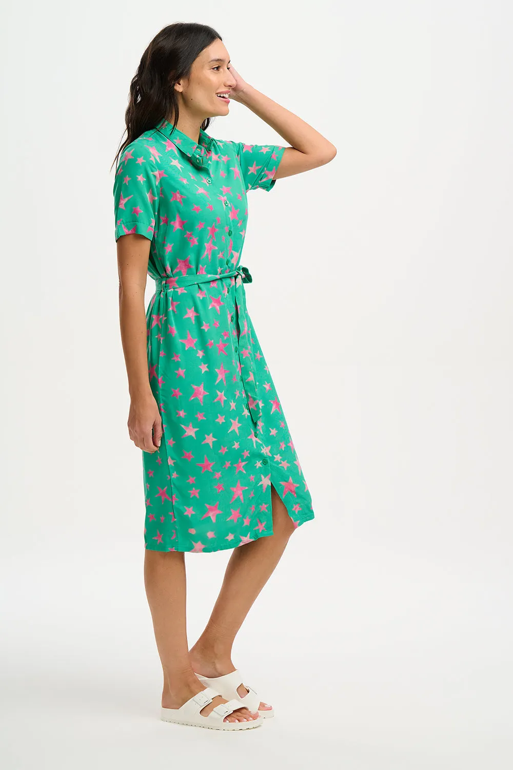 Janice Batik Midi Shirt Dress (Green Supernova Stars)