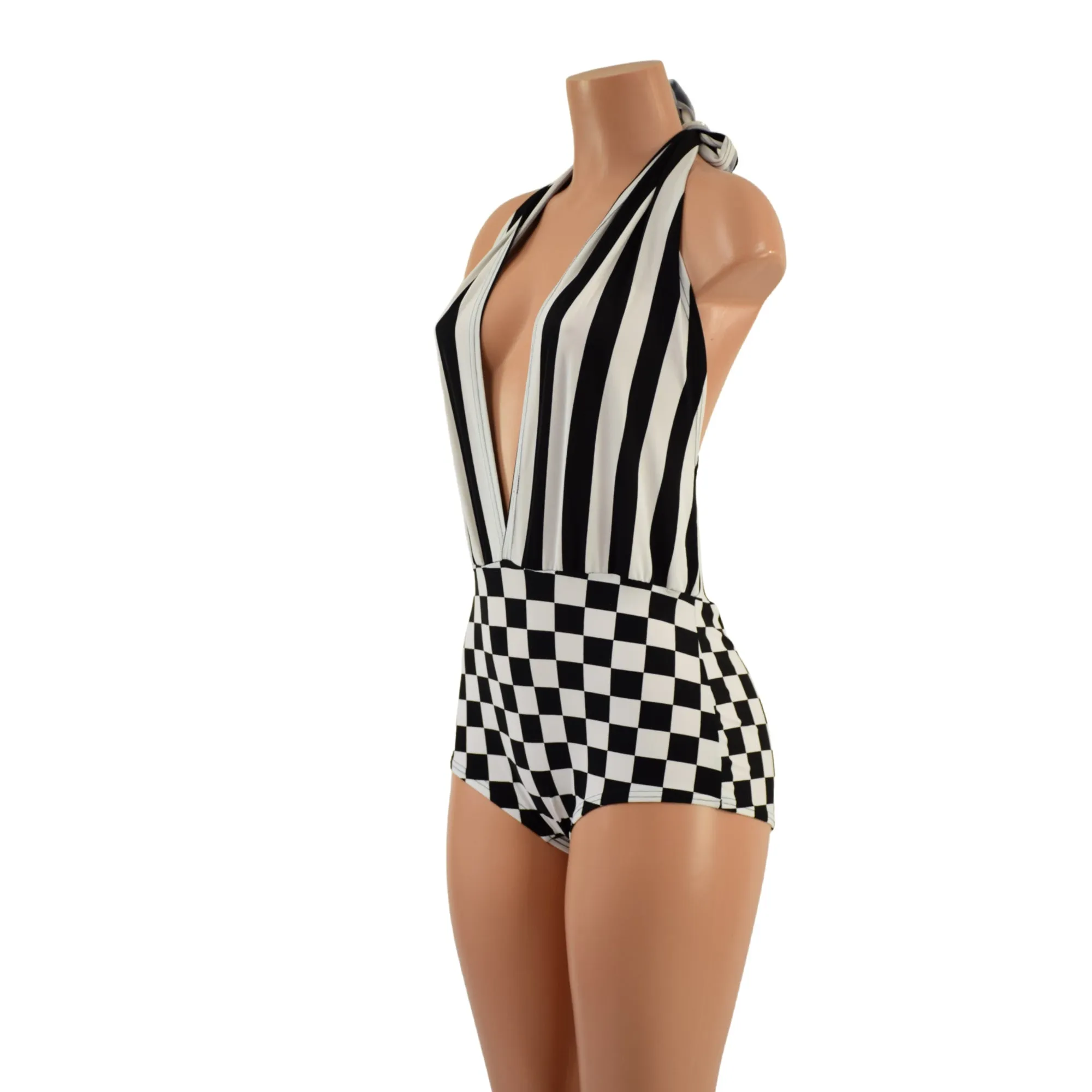 Josie Romper in Black and White Checkered and Stripes