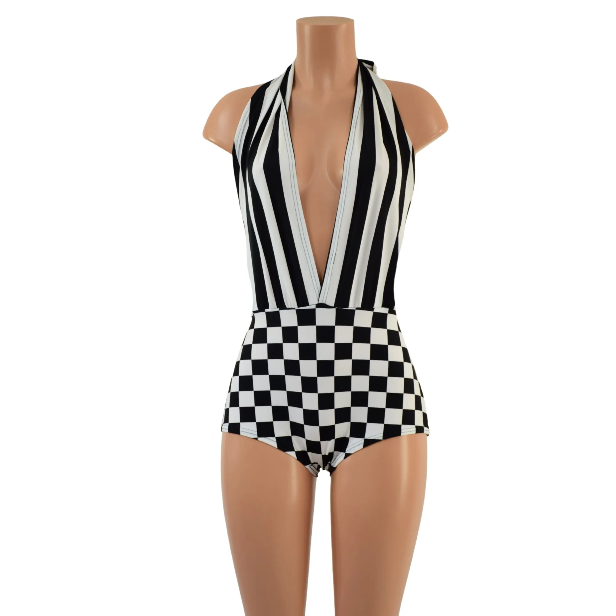 Josie Romper in Black and White Checkered and Stripes