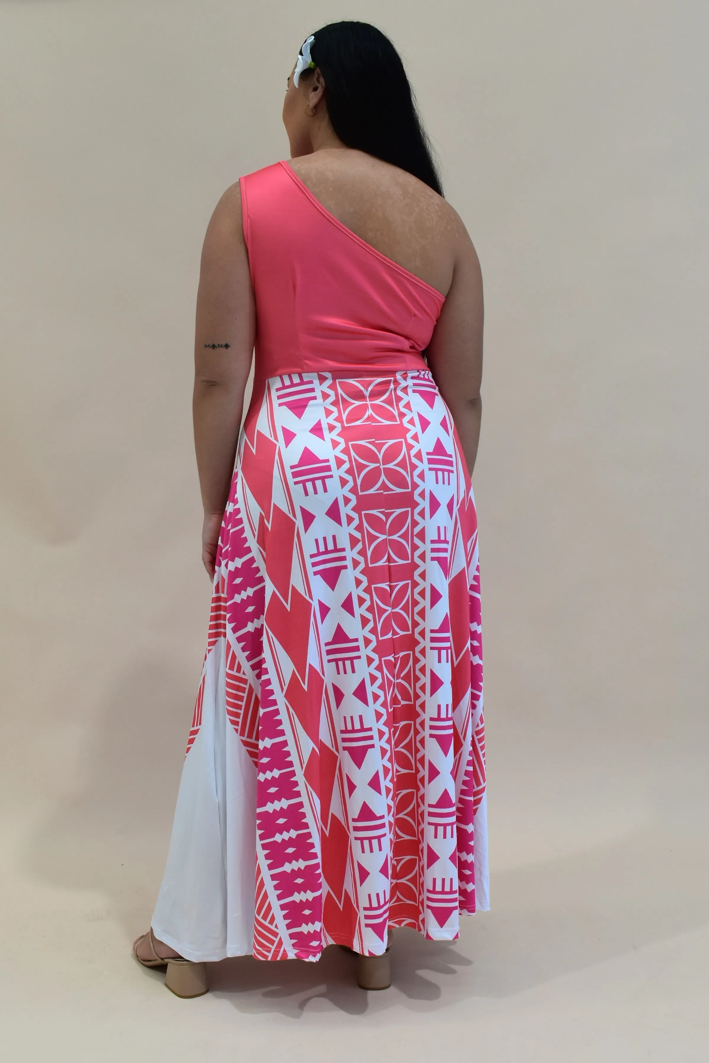 KANANI DRESS - ONE SHOULDER MAXI DRESS - HOT PINK MELANESIAN PATTERN