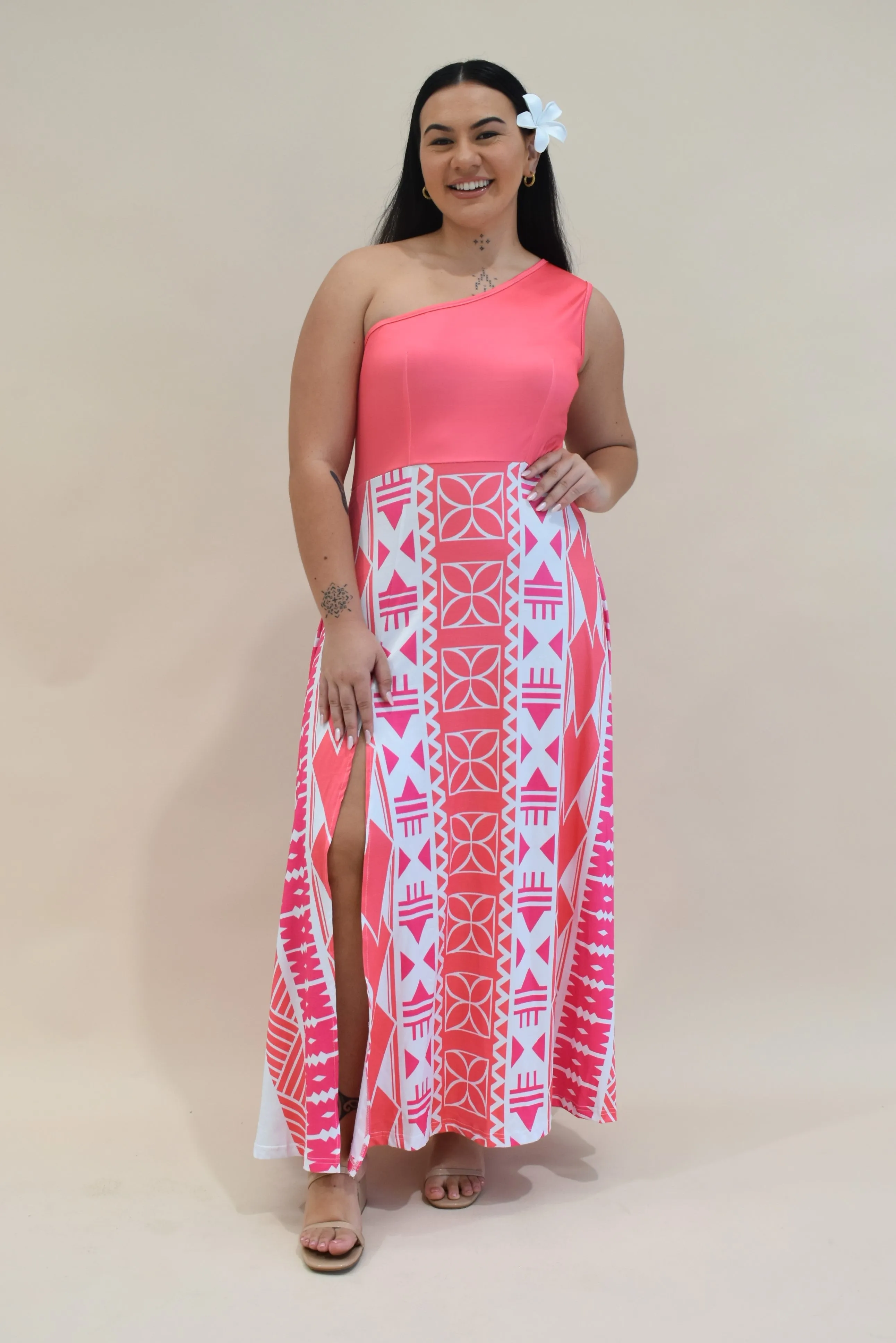 KANANI DRESS - ONE SHOULDER MAXI DRESS - HOT PINK MELANESIAN PATTERN