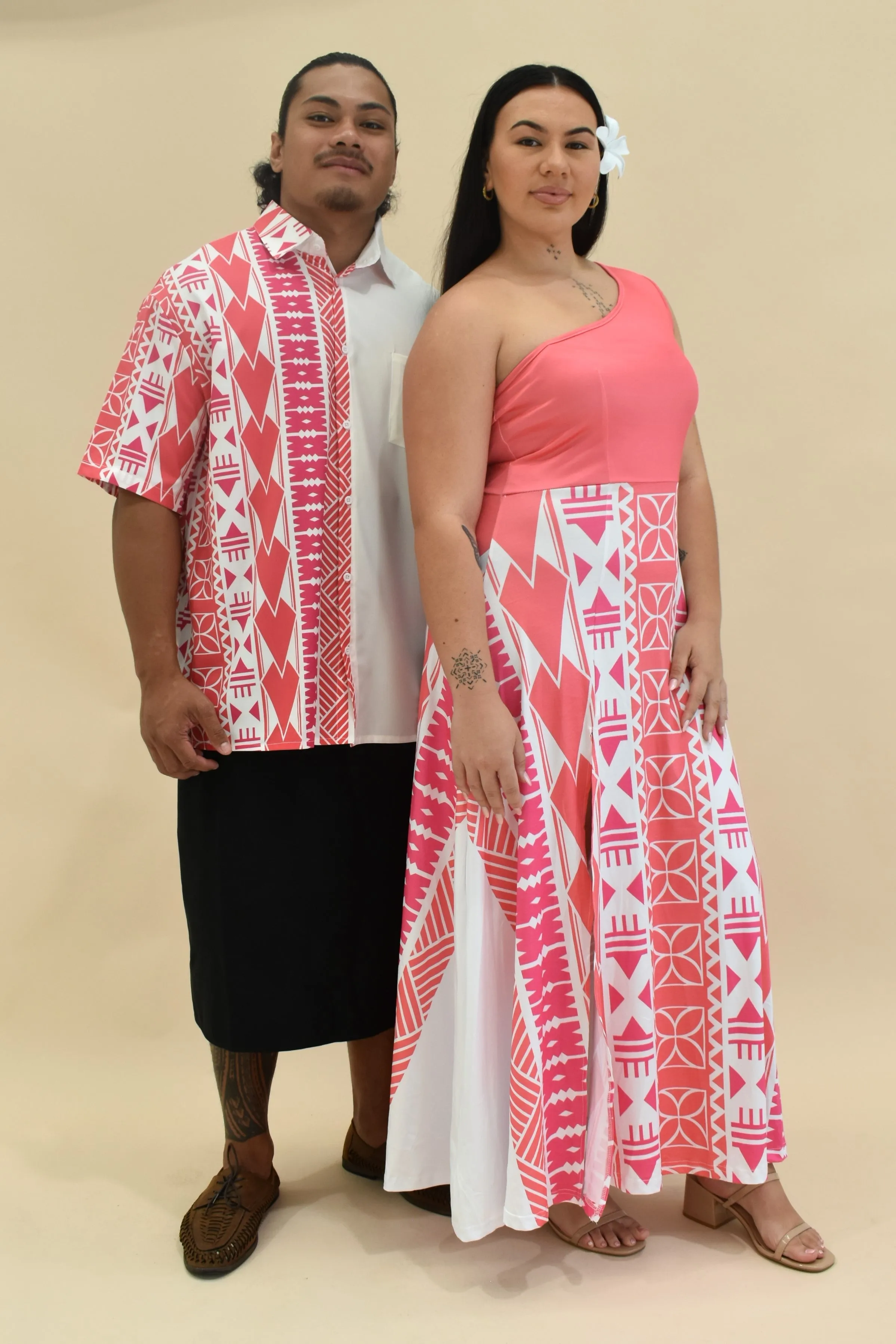 KANANI DRESS - ONE SHOULDER MAXI DRESS - HOT PINK MELANESIAN PATTERN