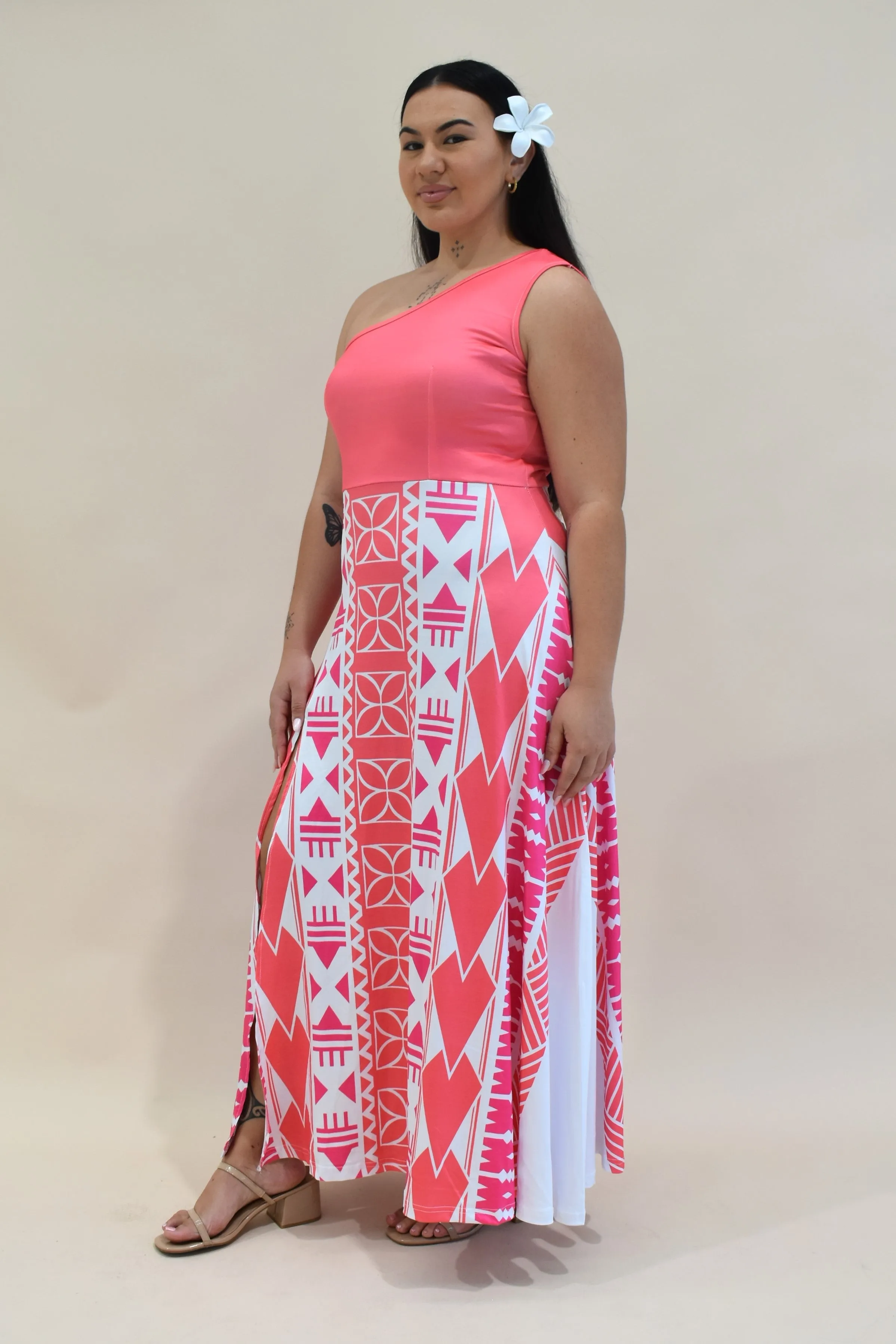 KANANI DRESS - ONE SHOULDER MAXI DRESS - HOT PINK MELANESIAN PATTERN