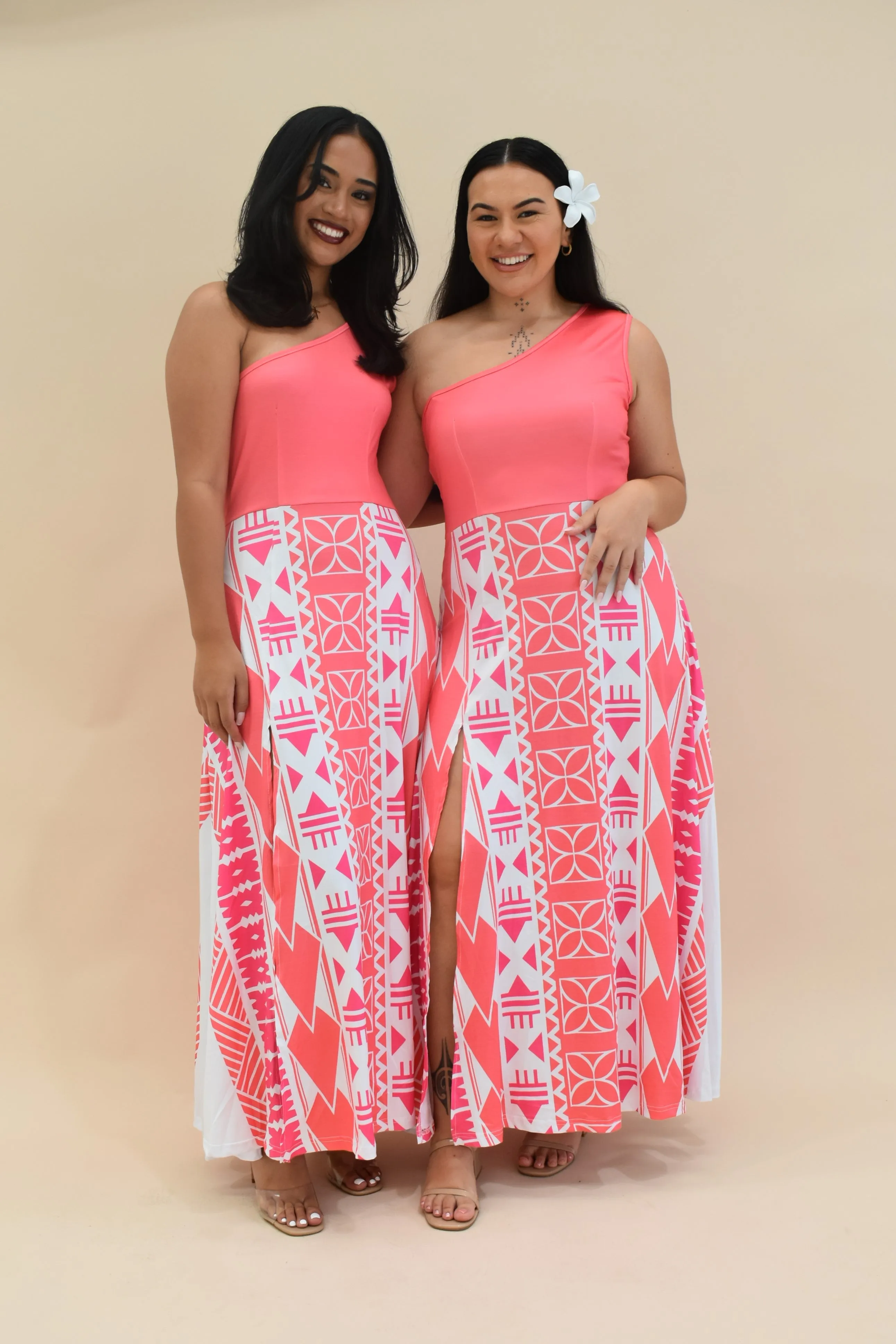 KANANI DRESS - ONE SHOULDER MAXI DRESS - HOT PINK MELANESIAN PATTERN