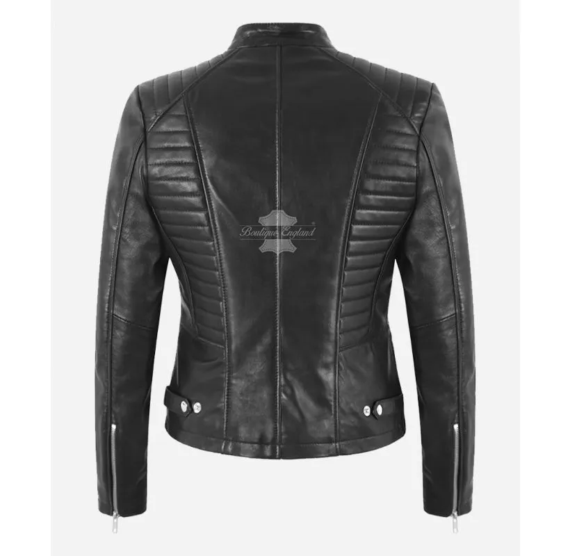 Katherine Ladies Leather Jacket Slim Fit Quilted Retro Style in Black