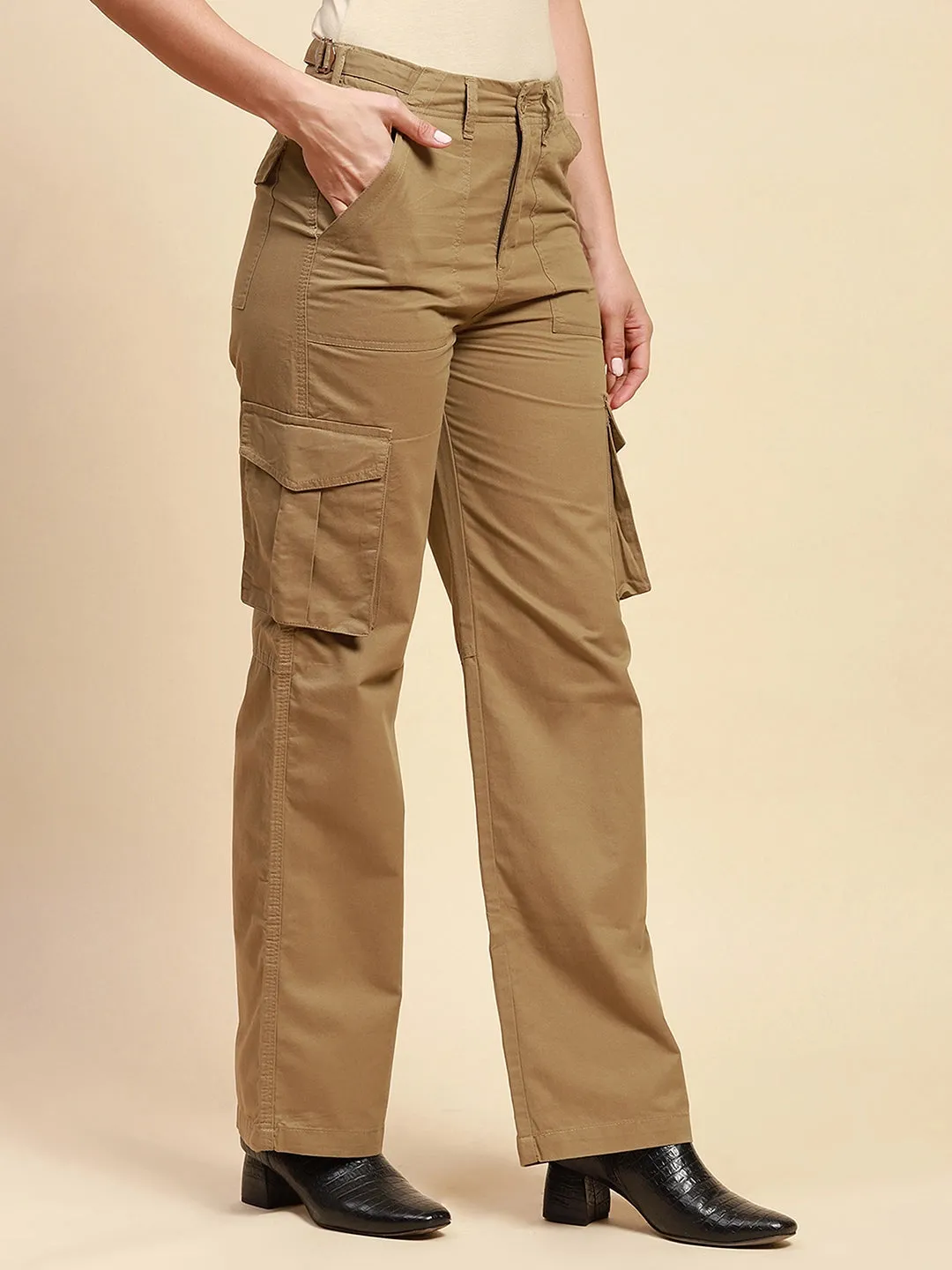 Khaki Cotton Straight Relaxed Fit Cargo