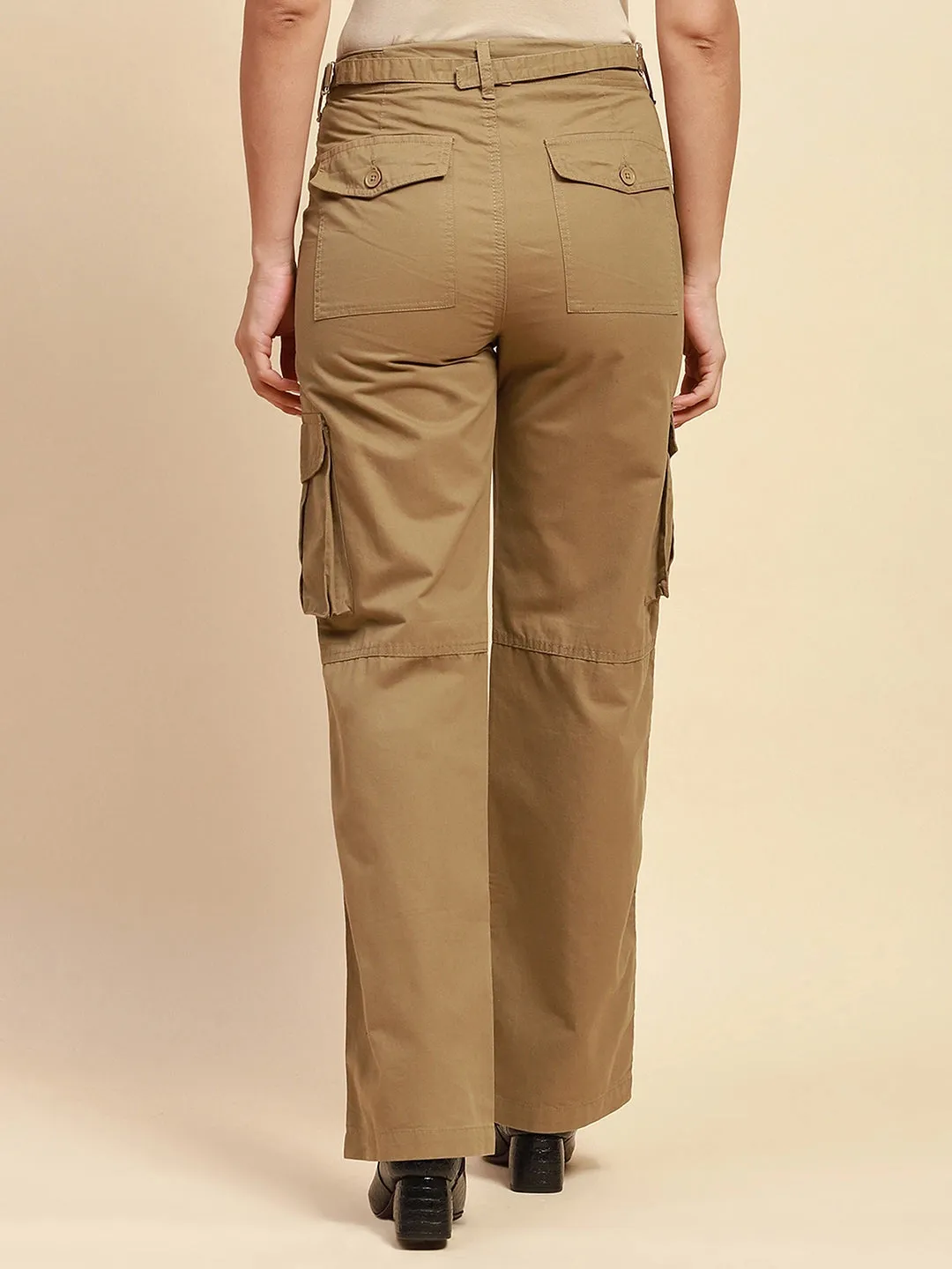 Khaki Cotton Straight Relaxed Fit Cargo