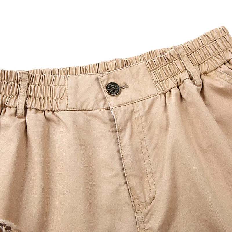 Khaki Print Ripped Patches Straight Shorts