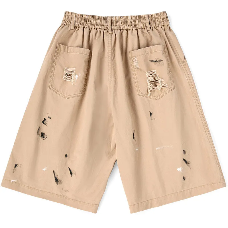 Khaki Print Ripped Patches Straight Shorts