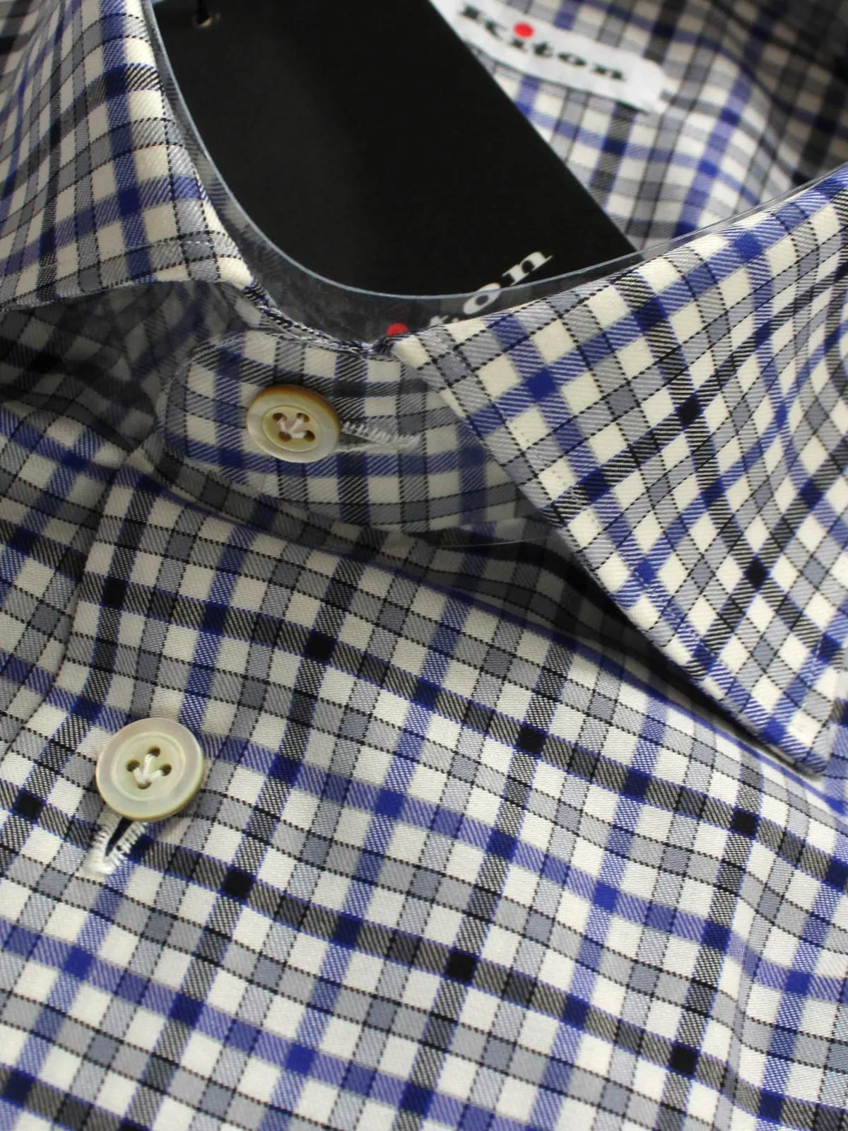 Kiton Dress Shirt White Royal Blue Black Check 40 - 15 3/4