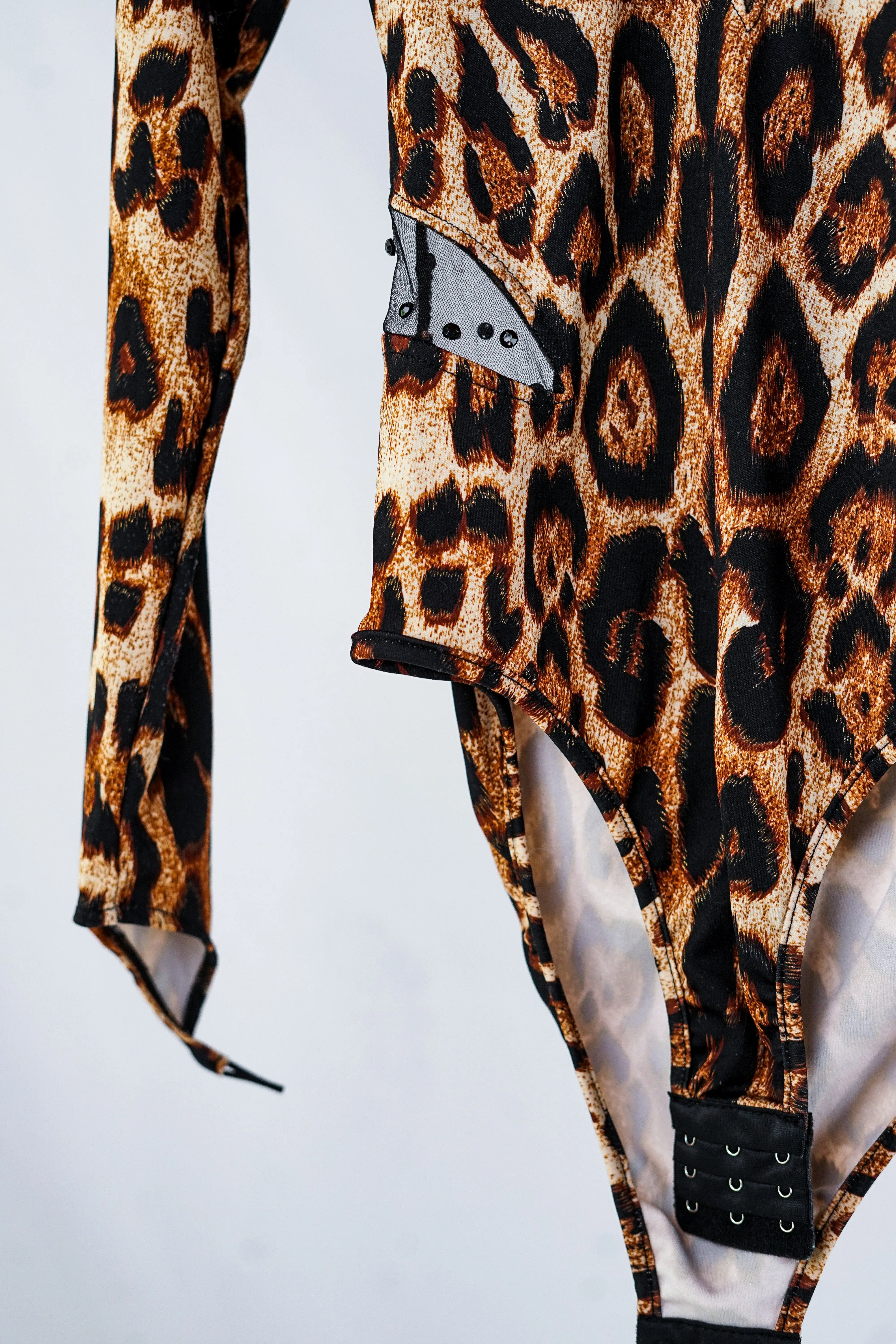 Leopard Bodysuit Costume with Detachable Tail, Mesh Chest, and Matching Ears