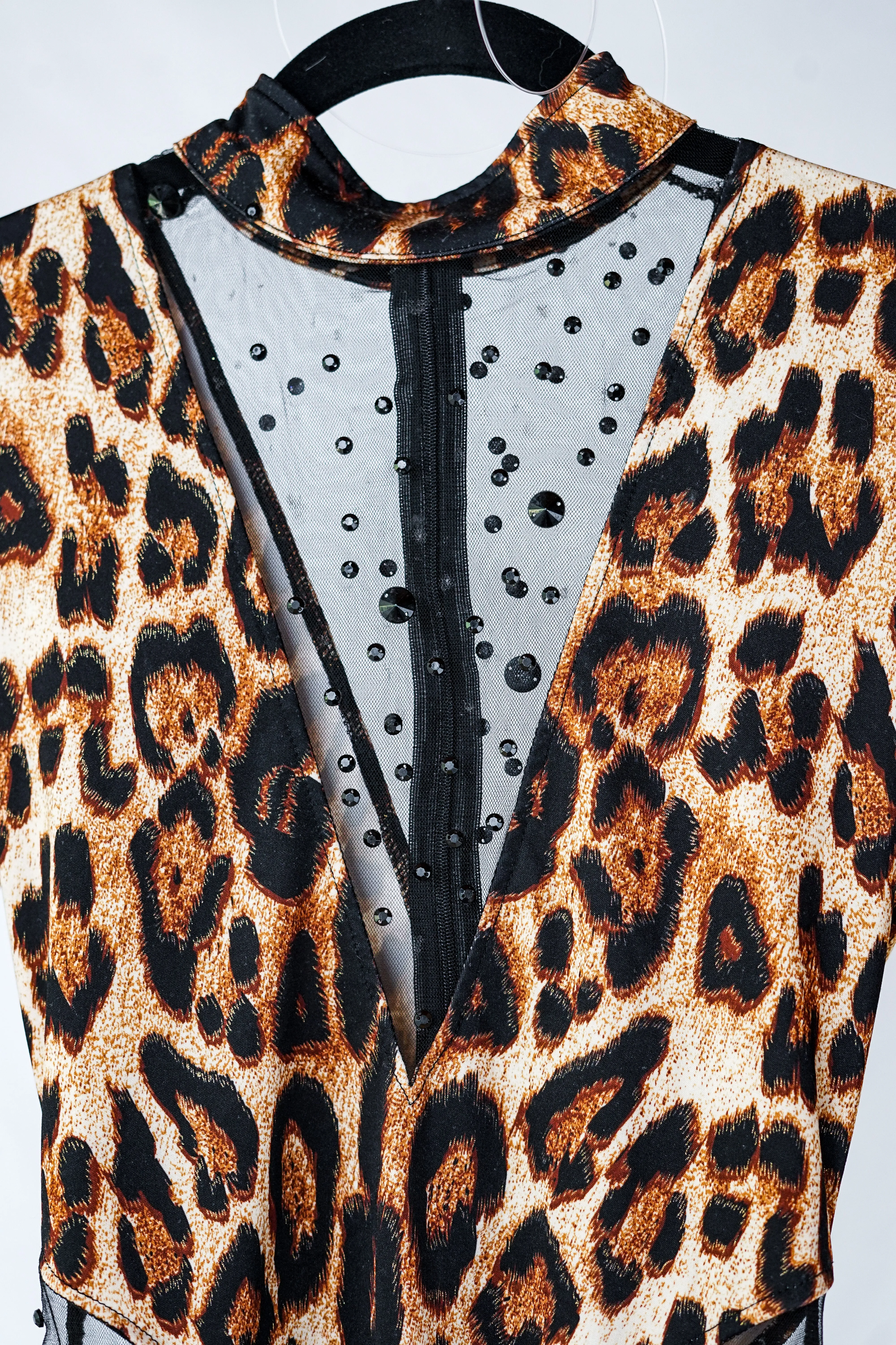 Leopard Bodysuit Costume with Detachable Tail, Mesh Chest, and Matching Ears