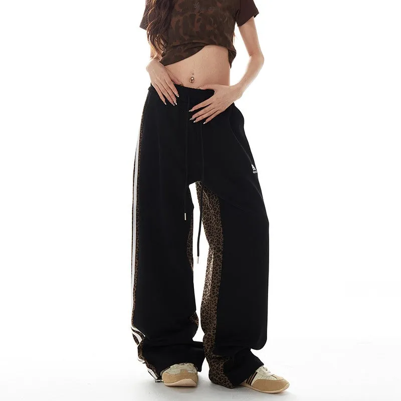 Leopard print stitching sweatpants women's hip-hop loose fit striped sports casual pants