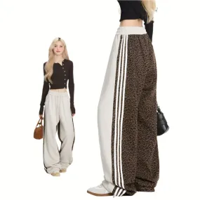 Leopard print stitching sweatpants women's hip-hop loose fit striped sports casual pants