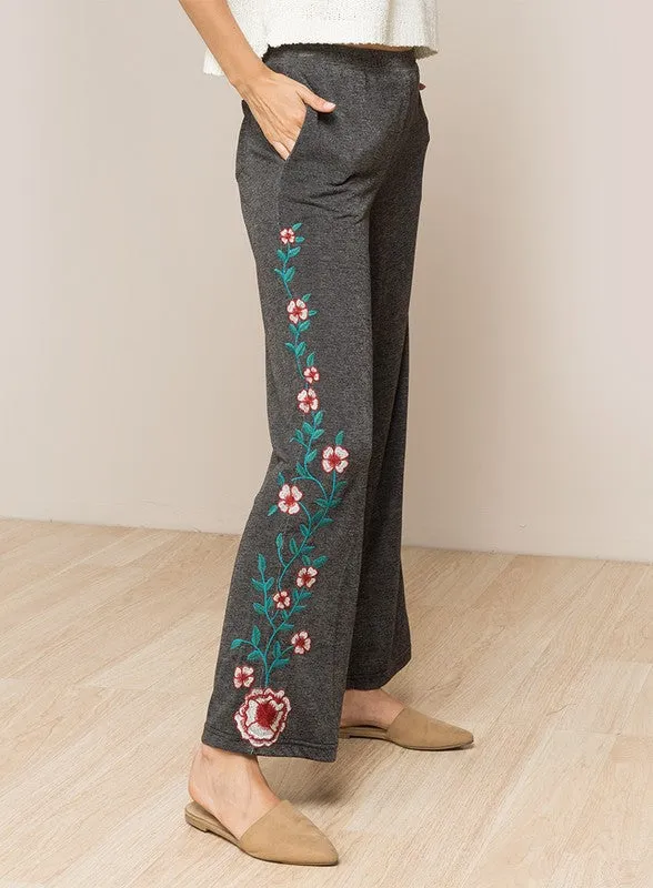 LONG FLORAL EMBROIDERED WIDE LEGGED PANTS