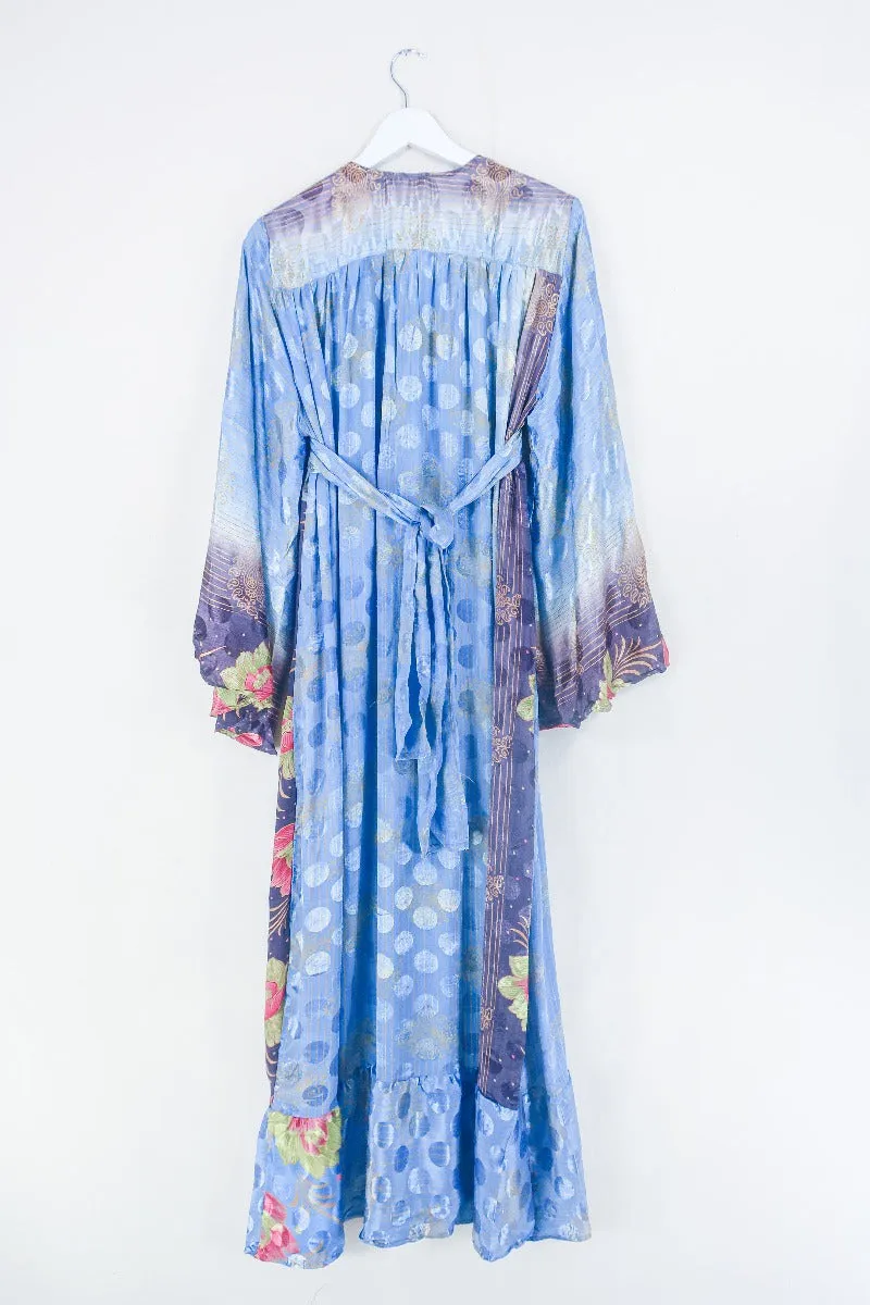 Lunar Maxi Dress - Vintage Sari - Misted Blue & Mustard Paisley - Size S/M