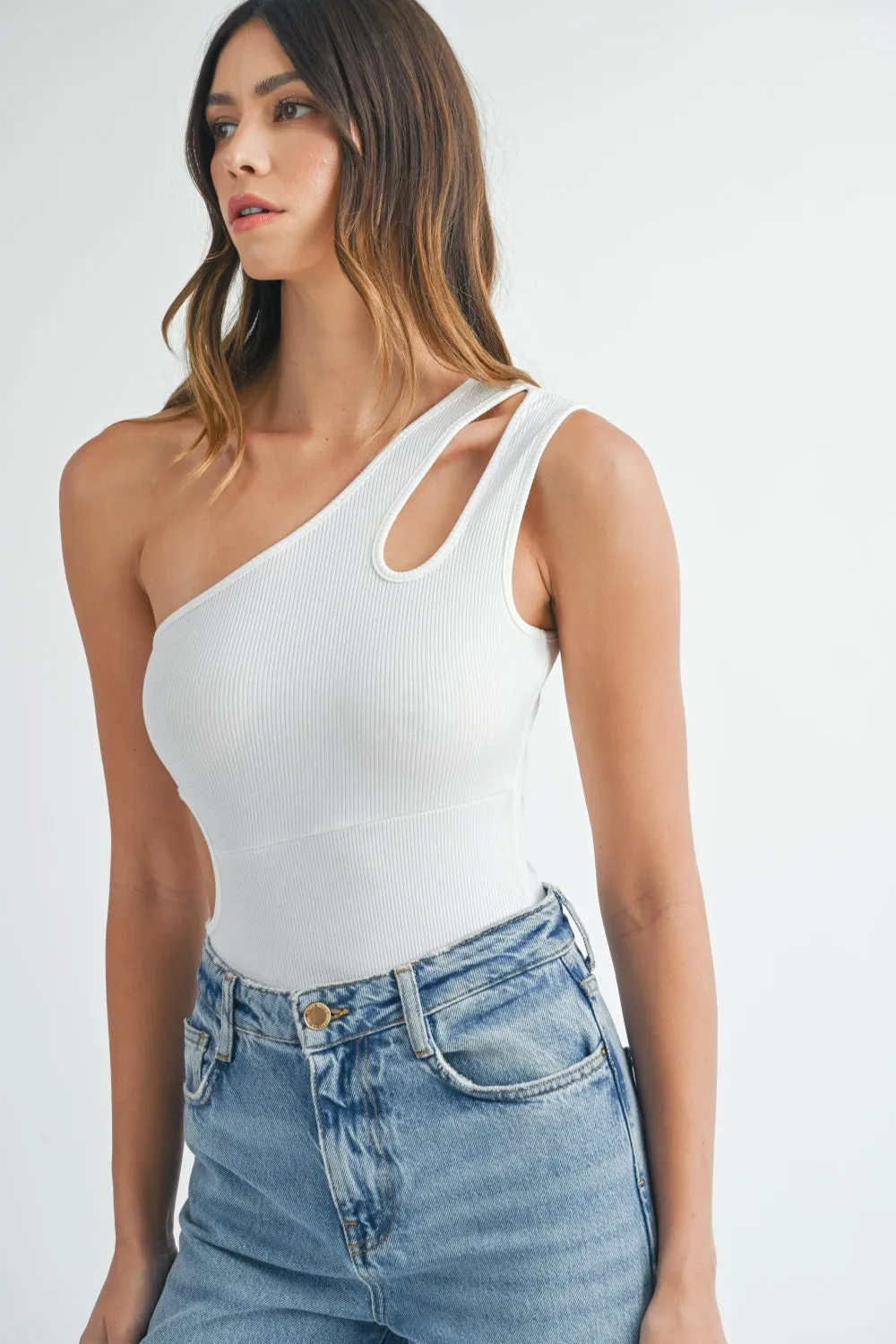 MABLE One Shoulder Ribbed Cutout Detail Bodysuit