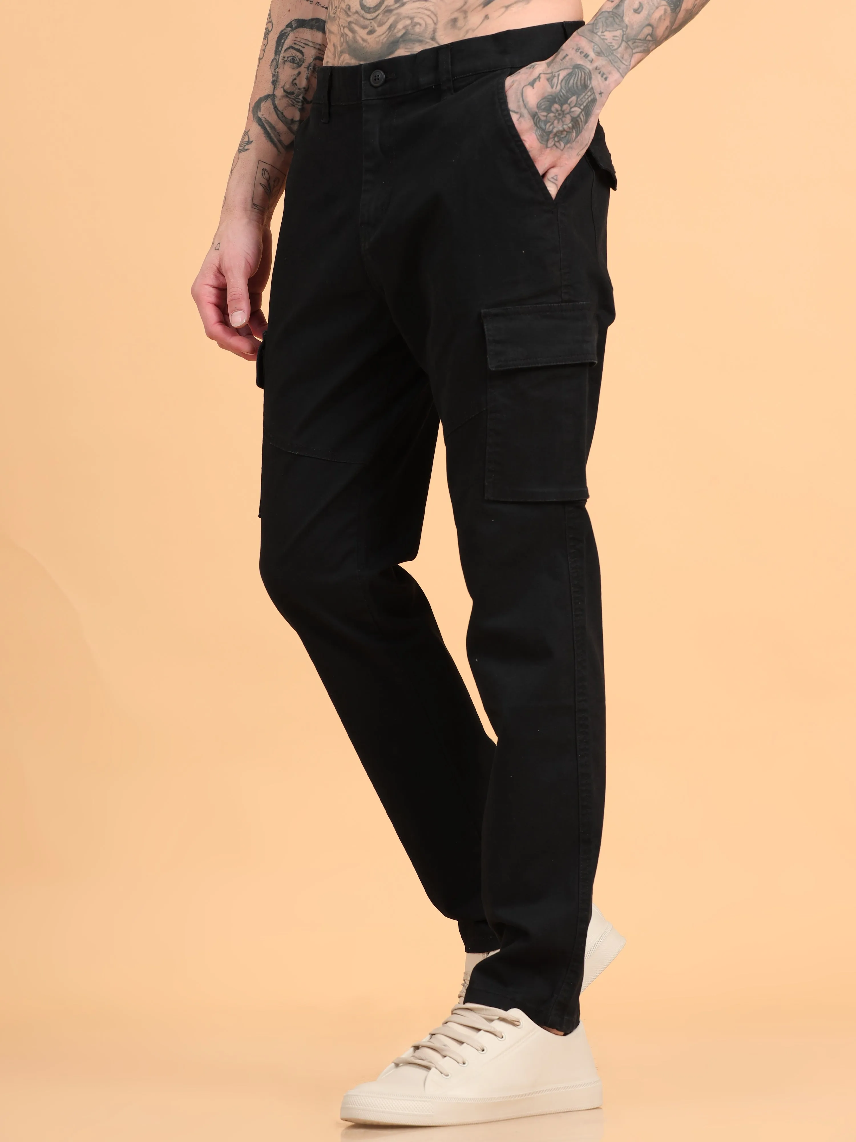 Men 2 Cotton Regular Fit Cargo Trousers, BLACK BROWN