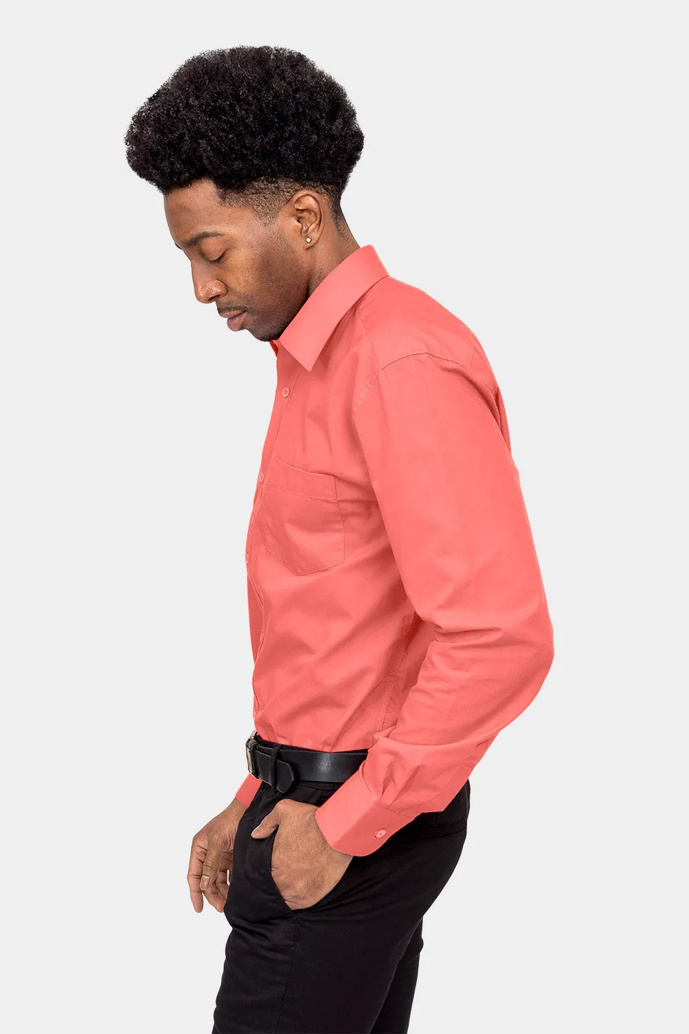 Men's Basic Solid Color Button Up Dress Shirt (Coral)