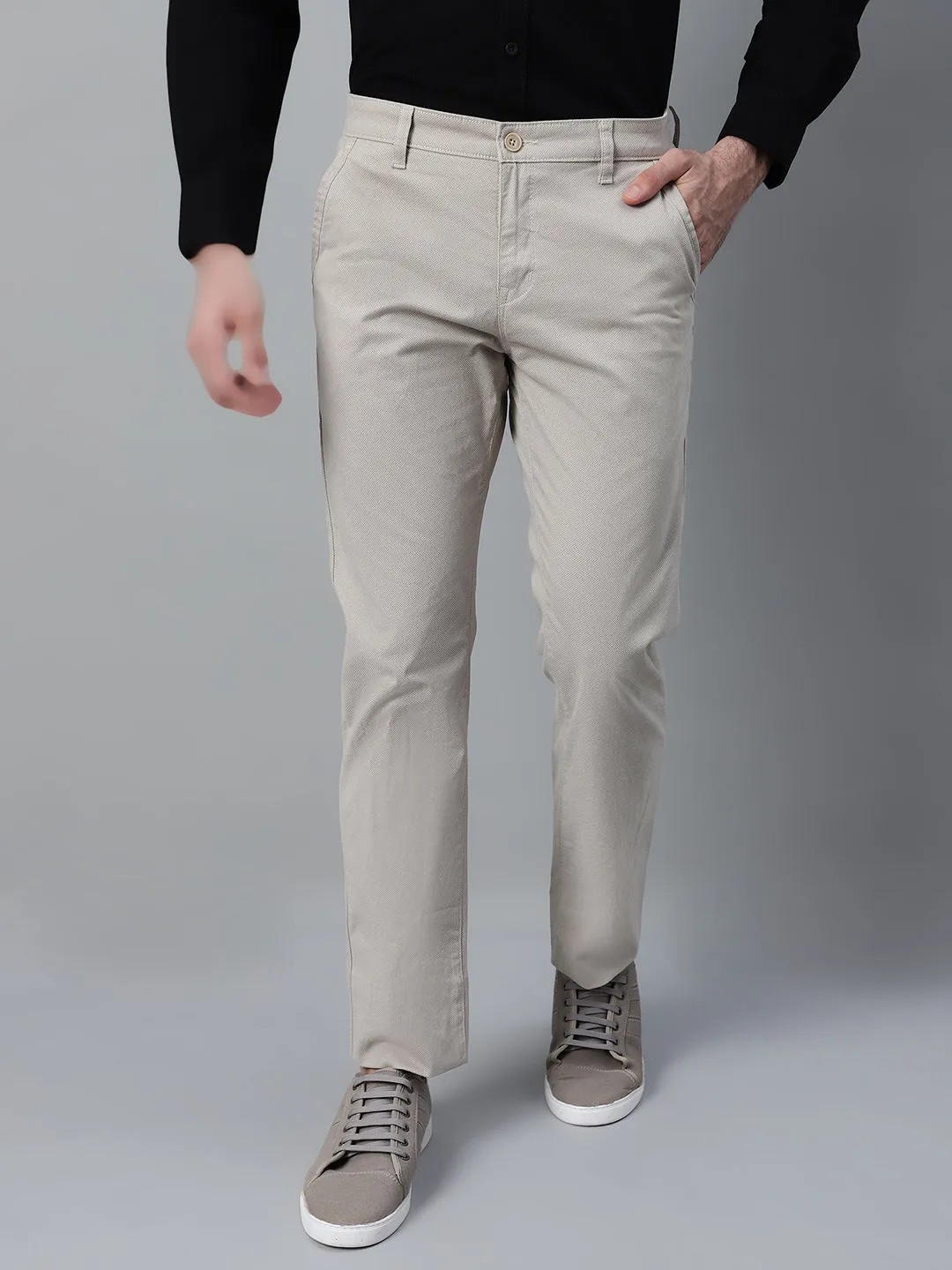 Men's Beige Self Design Non-Pleated Casual Trouser