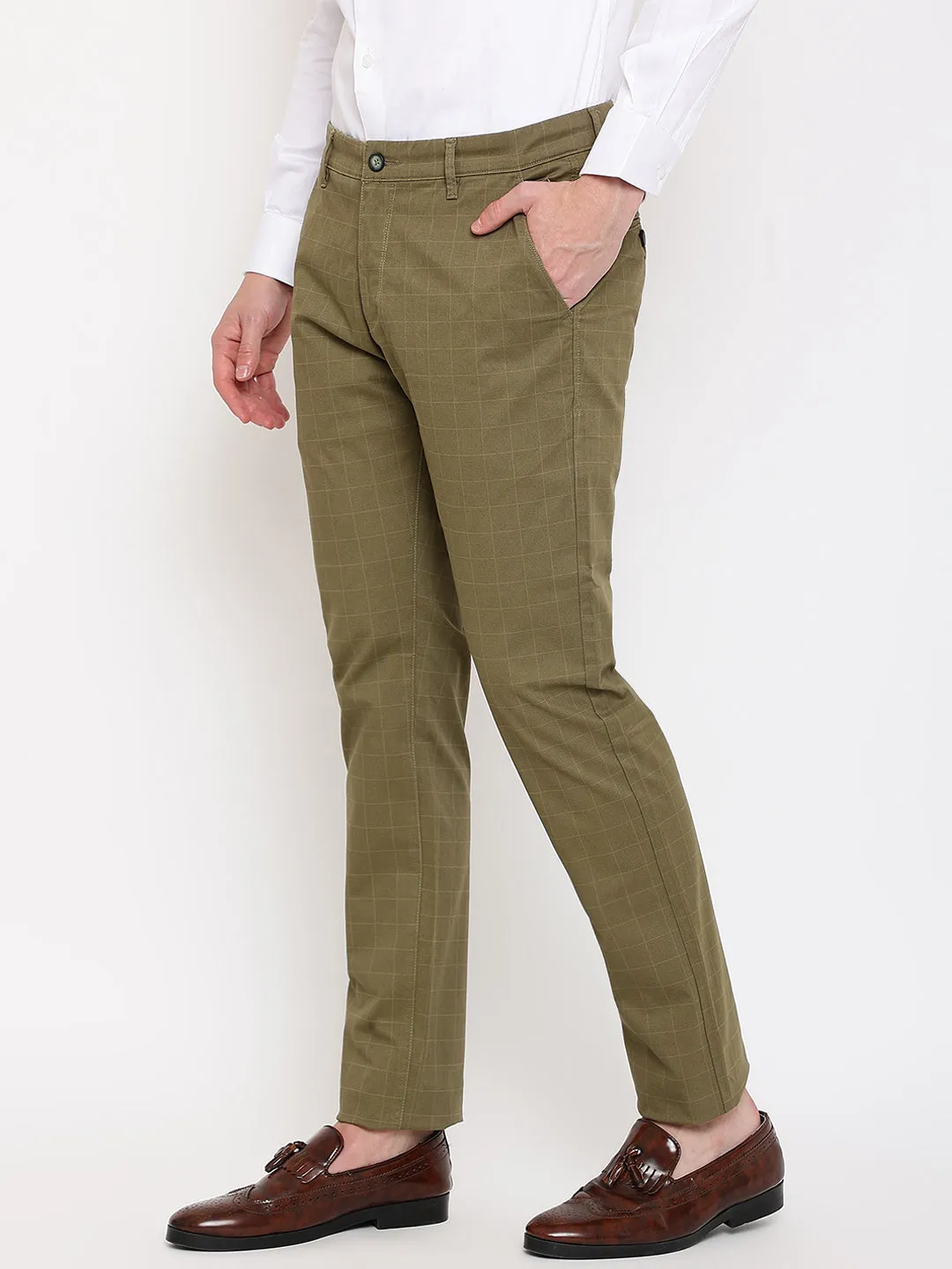 Men's Casual Flat front Olive Green Checks Trousers