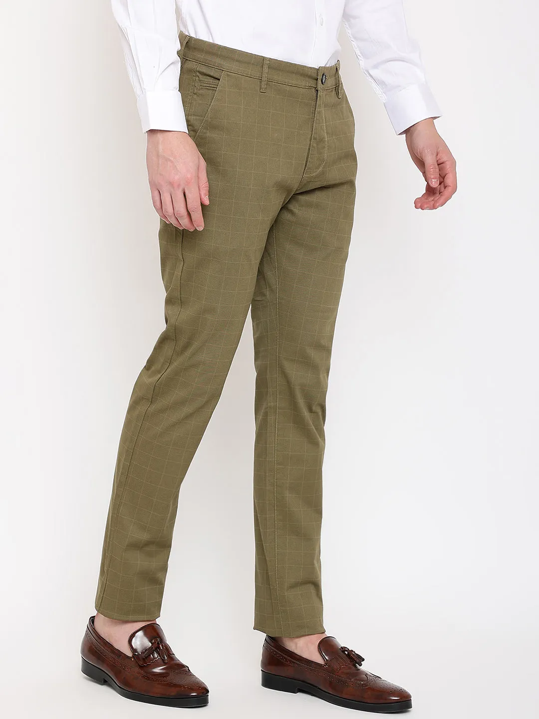 Men's Casual Flat front Olive Green Checks Trousers