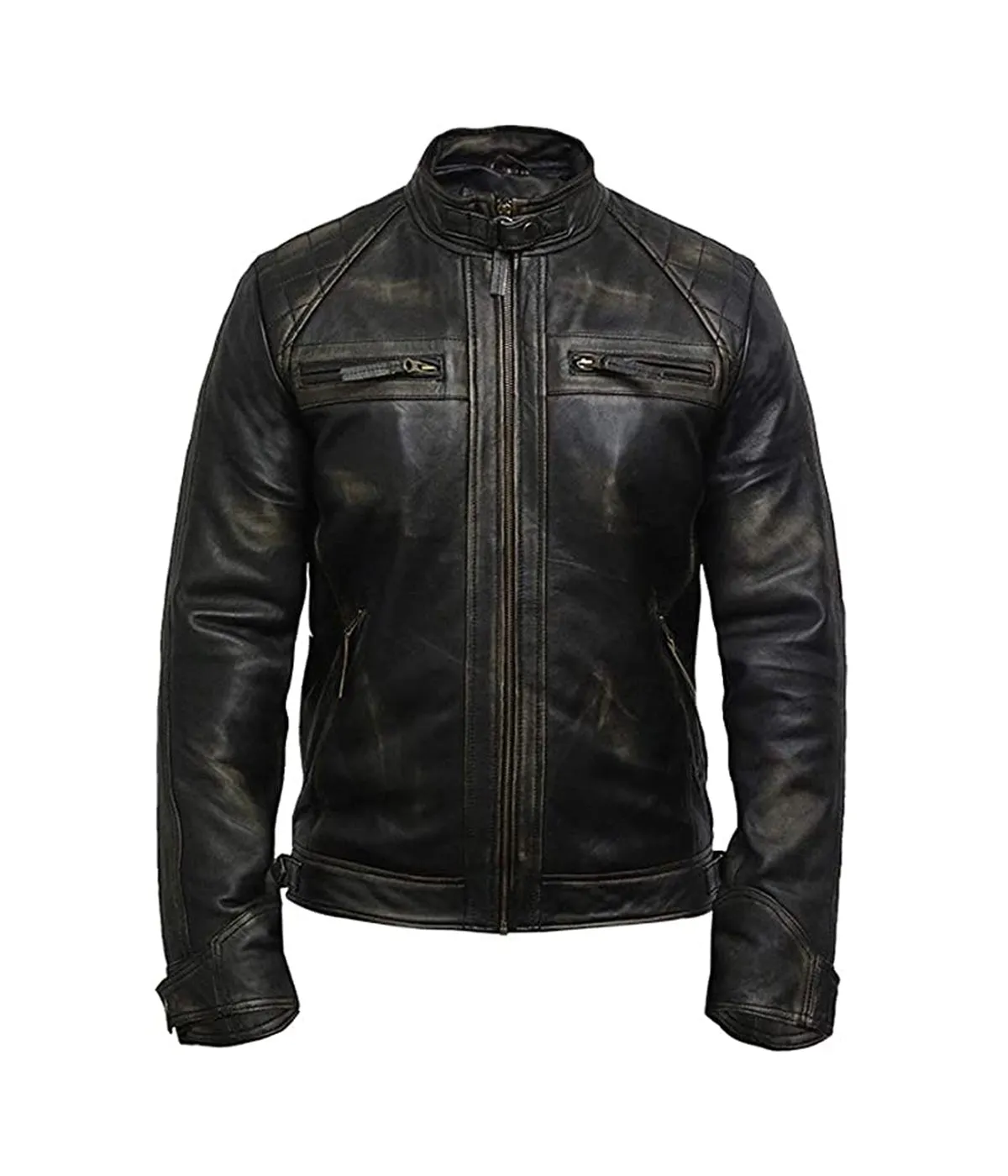 Men's Quilted Distressed Biker Leather Jacket