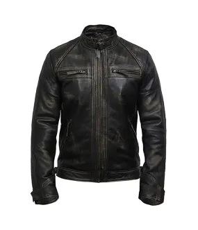 Men's Quilted Distressed Biker Leather Jacket