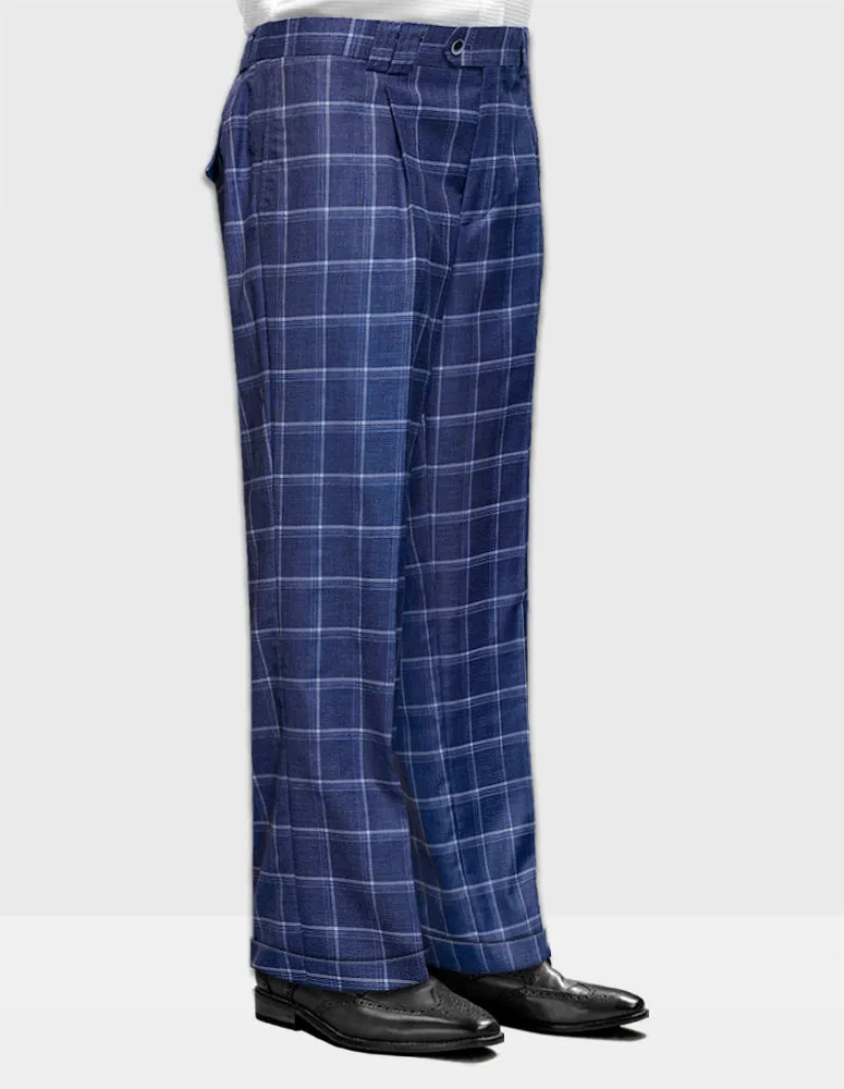 Men's Wide Leg Plaid Pants Super 150'S Italian Wool | Indigo | WP-101