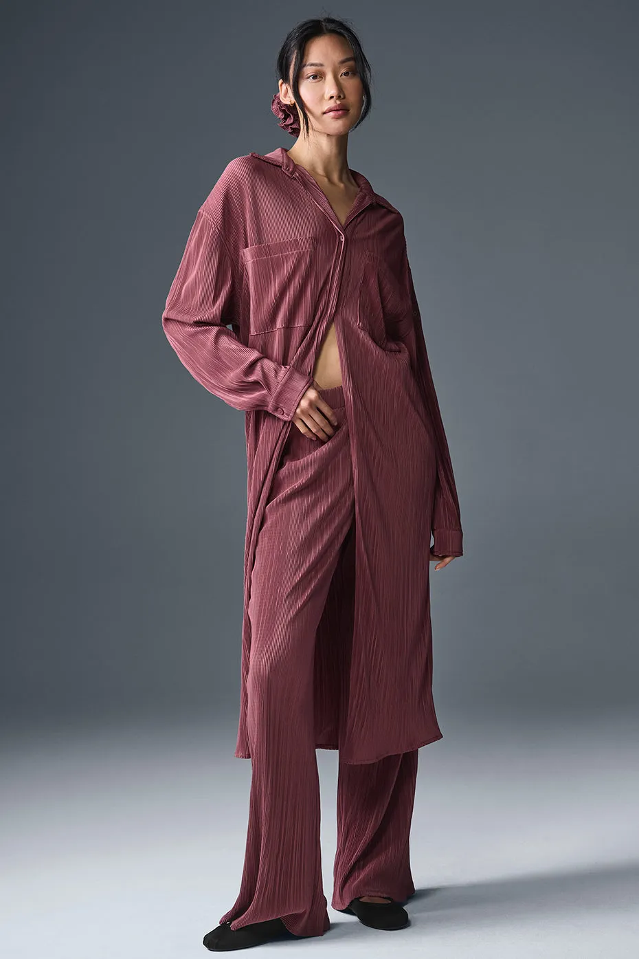 Micro Plisse Shirt Dress - Burgundy Truffle