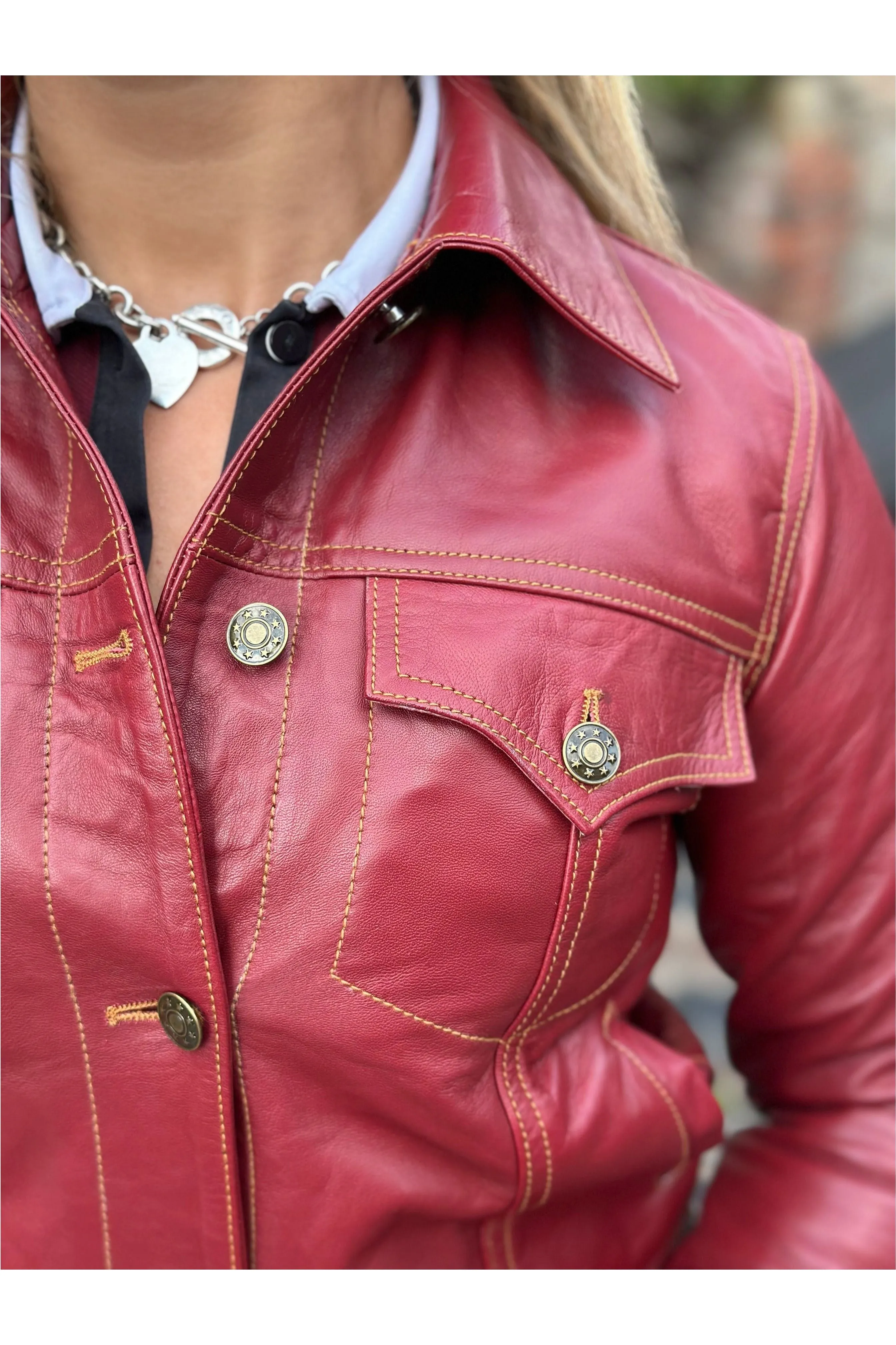 Modfather Clothing - Women's Leather Burgundy - Trucker Jacket