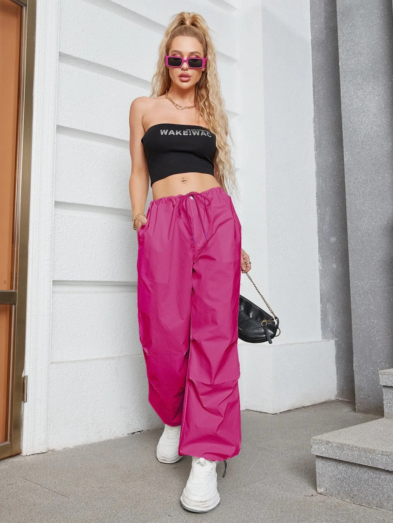 Oversized Drawstring Slant Pocket Parachute Pants