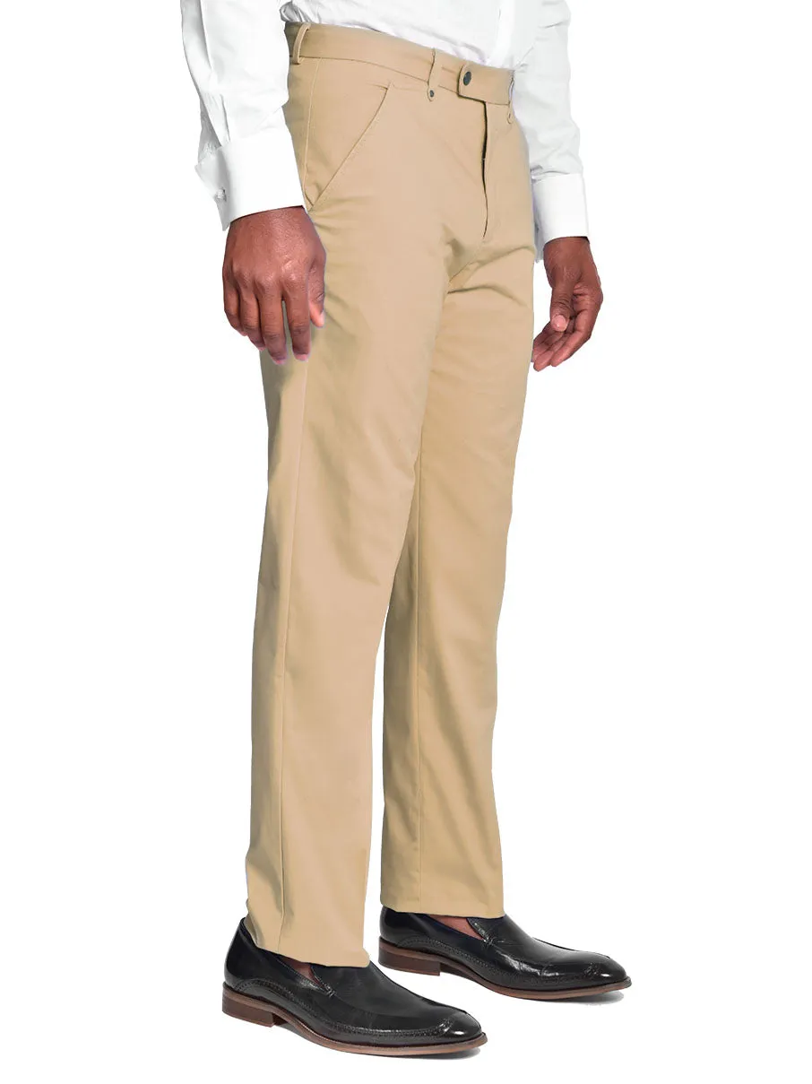 Pants | Regular Cut | 100% Cotton Chino Flat Front Pants | Khaki