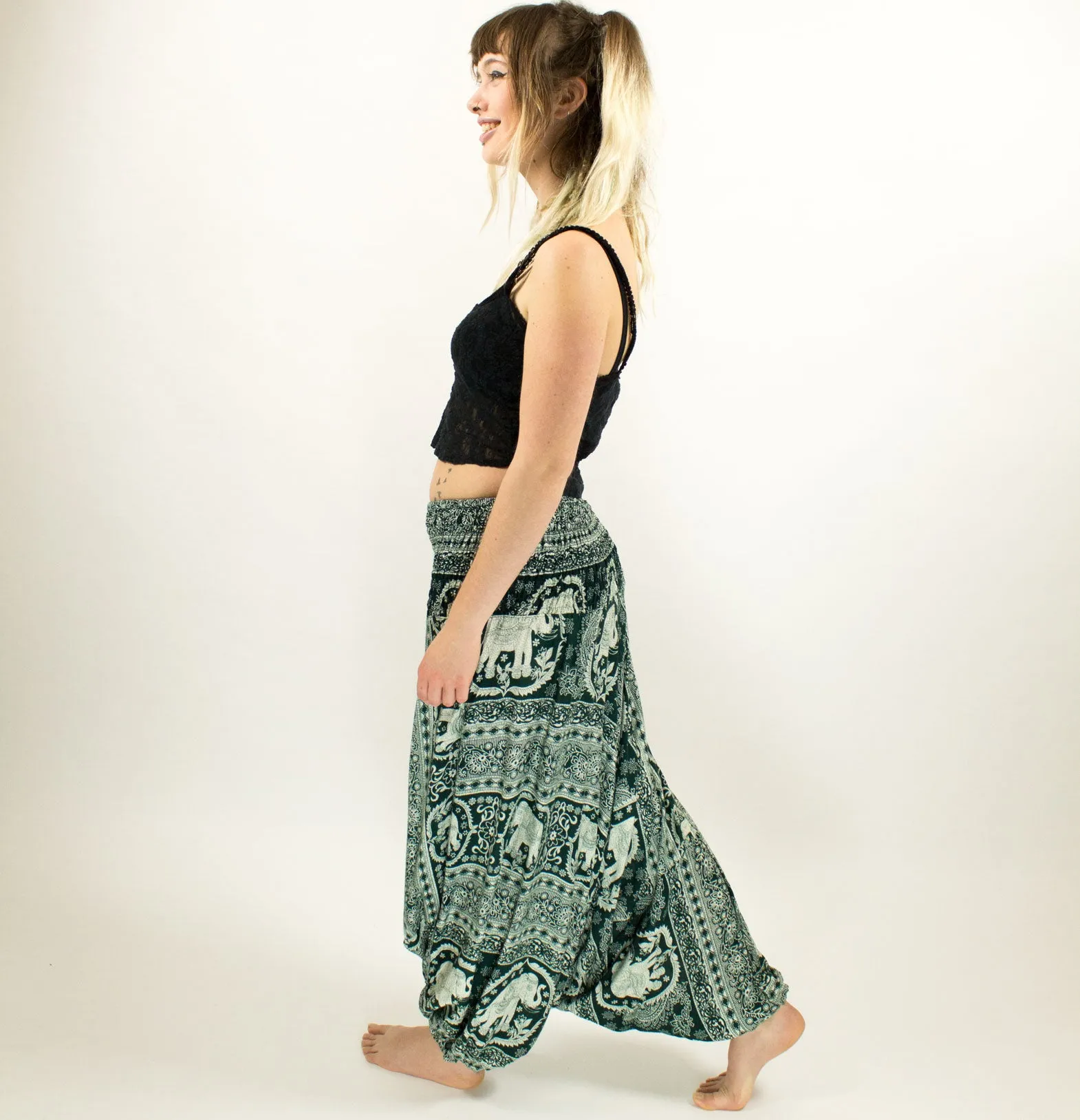 PATTERNED ELEPHANT HAREM LOW CROTCH PANTS GREEN